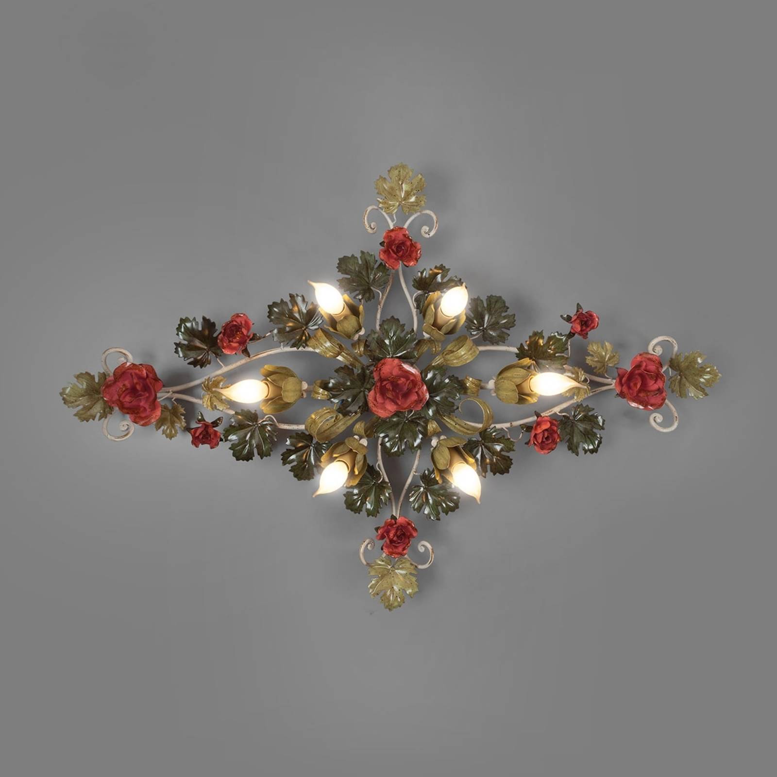 Met rozen versierde plafondlamp Ancona, 115 cm l