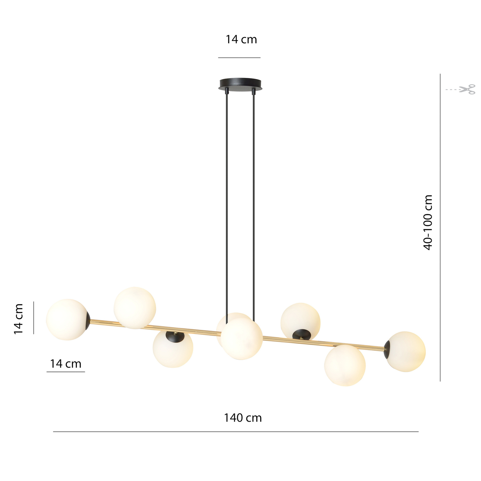 Glassy hanglamp, 8-lamps, zwart/goud/opaal