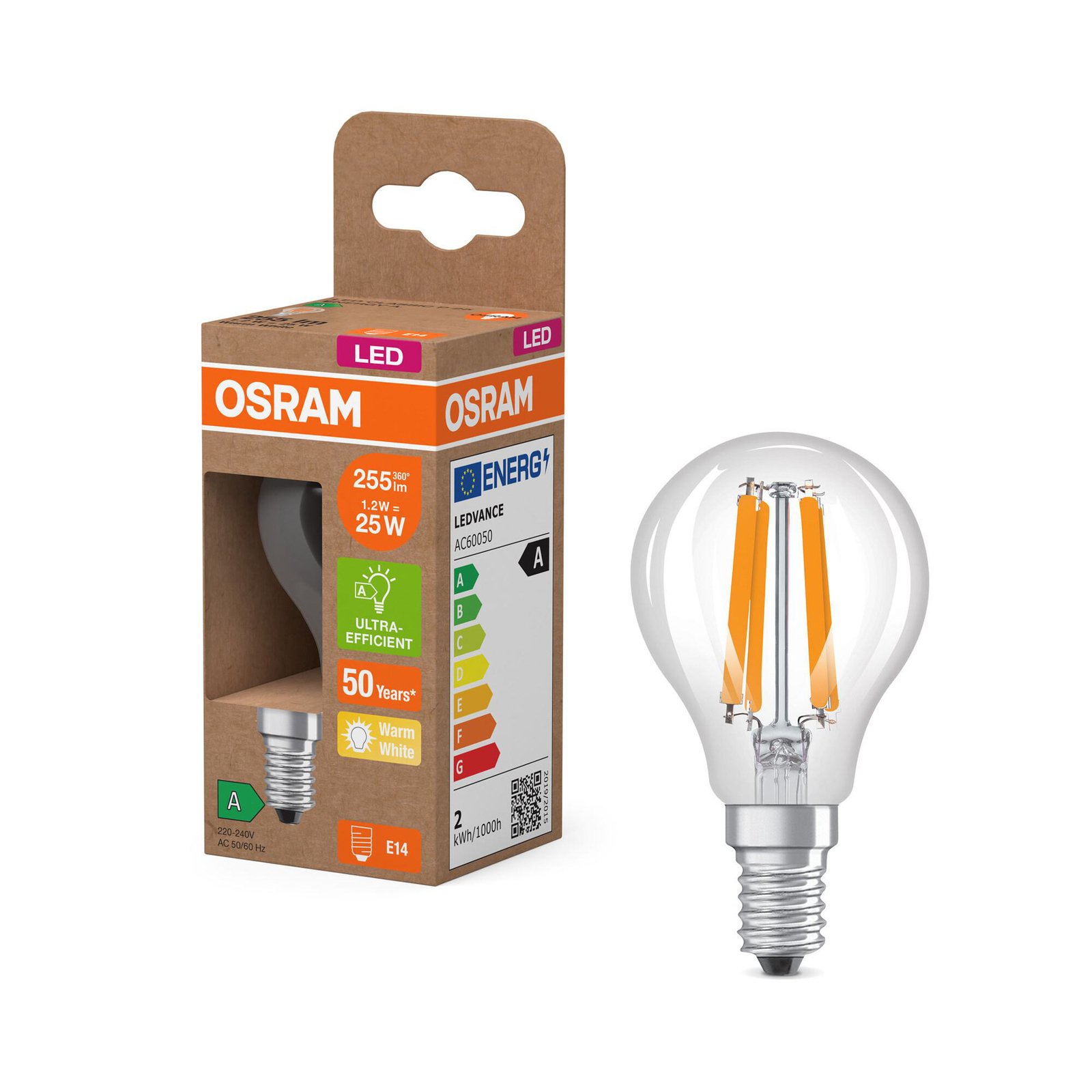 OSRAM LED lemputė lašas E14 1,2W su siūlu 2700K 255lm