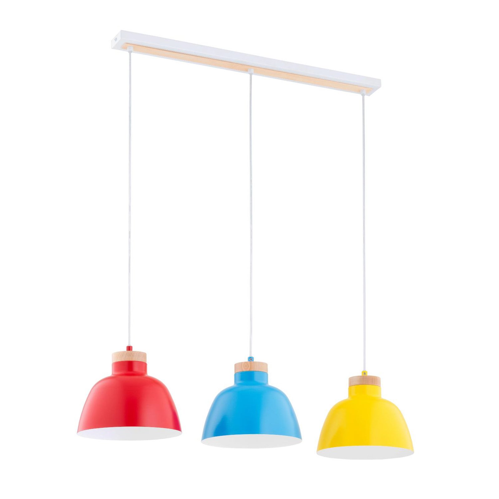 Lorien pendant light, colourful, 3-bulb, metal, wood