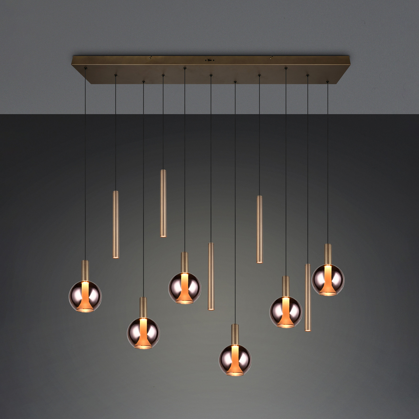 Trio Lighting LED висяща лампа „Меларо“, 120 см, платинен цвят, метал/стъкло, 11-лампова