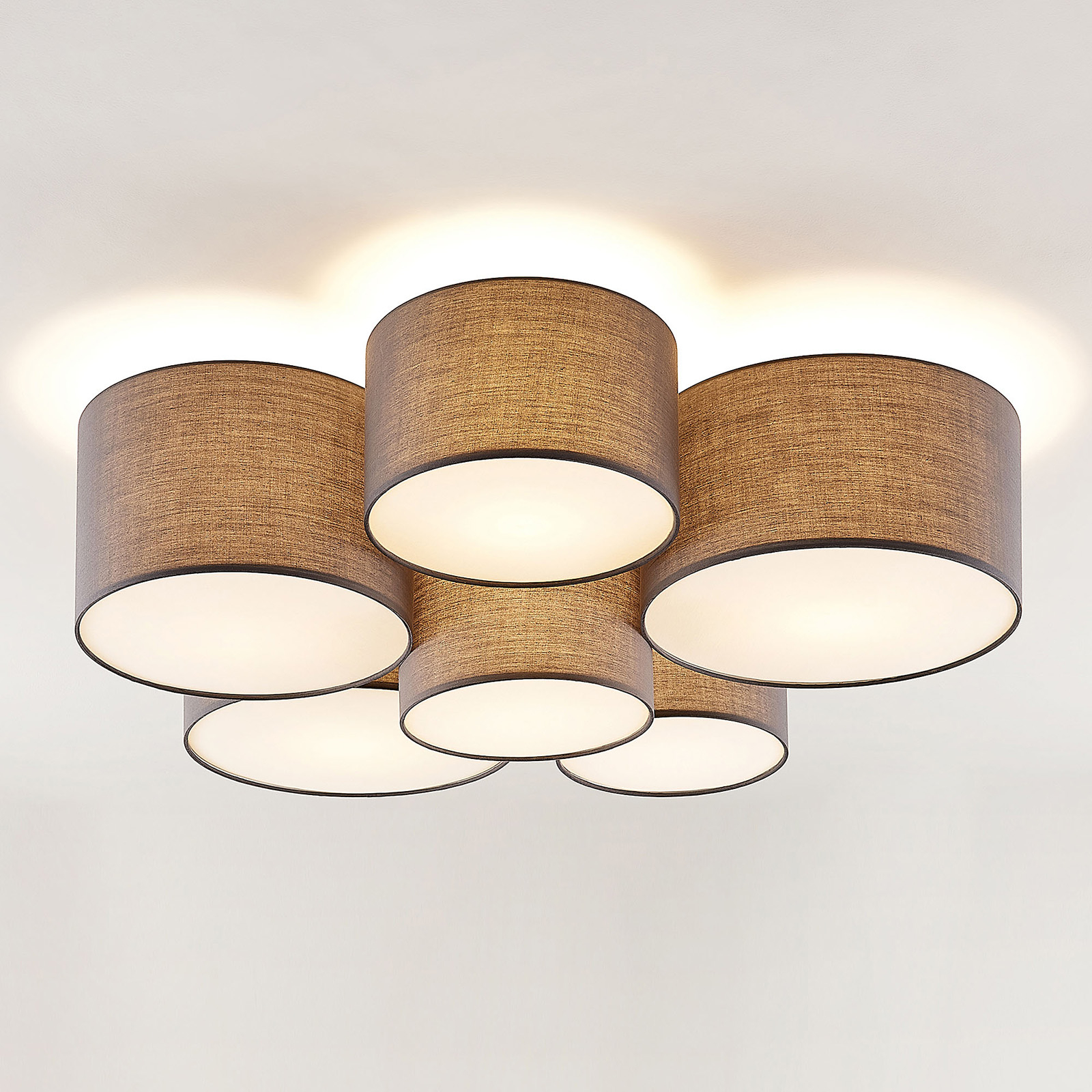Lindby Laurenz ceiling lamp, 6-bulb, grey, for Living / Dining Room, fabric, metal, E27, 60 W, energy efficiency: A++, H: 28.5 cm