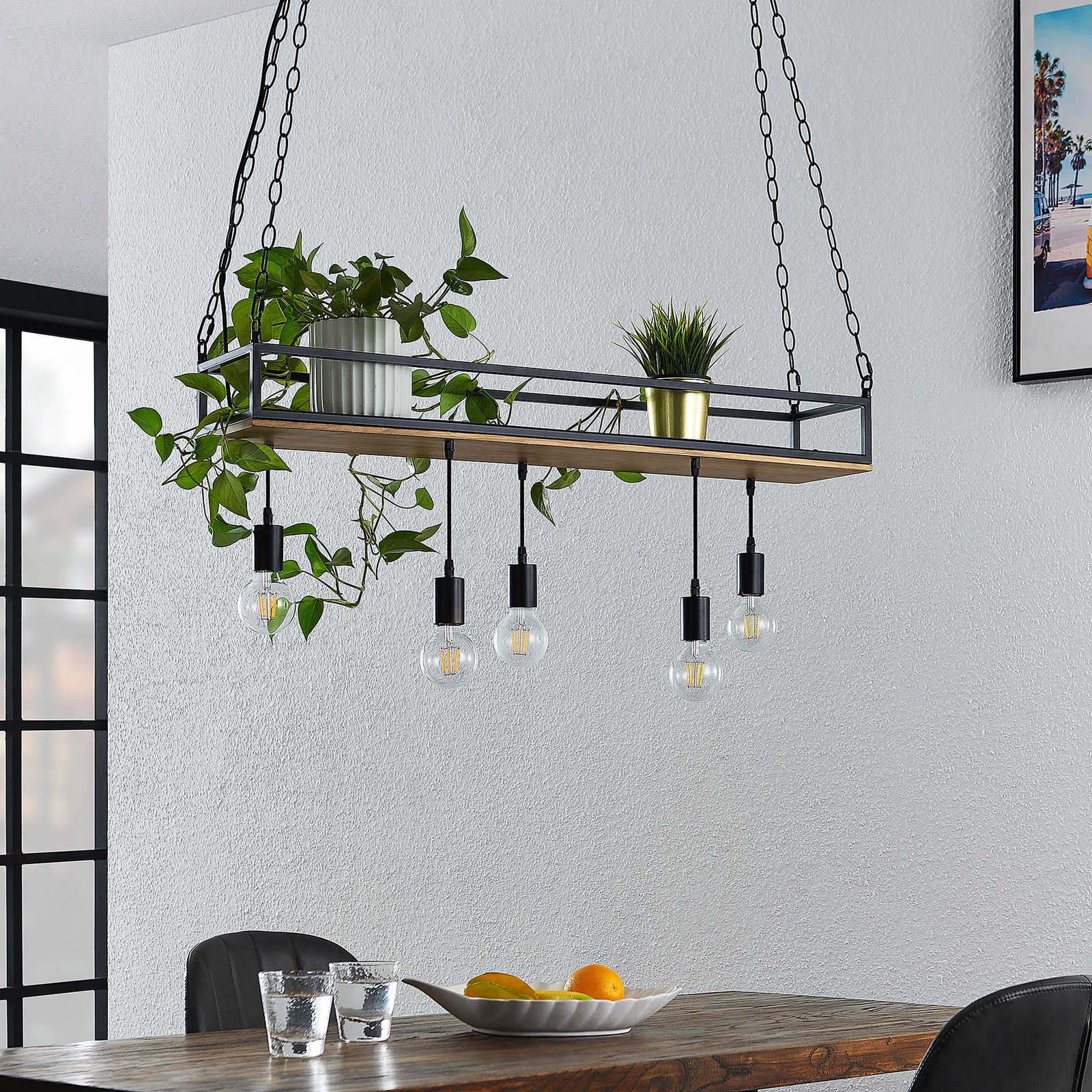 Lindby Kirista hanglamp, 5-lamps, hout