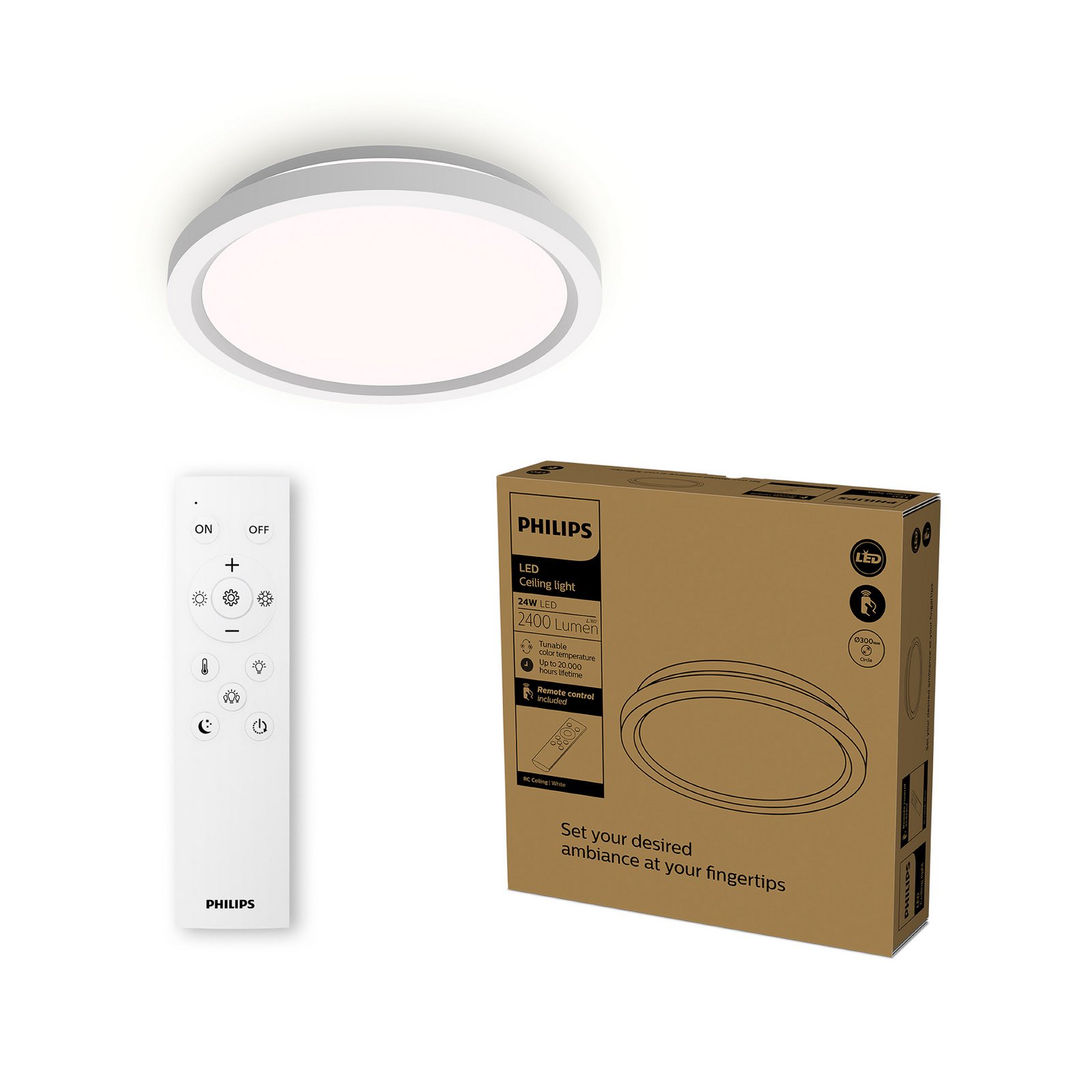 Lampa sufitowa LED Philips Aio RD, biała, Ø 30 cm, pilot