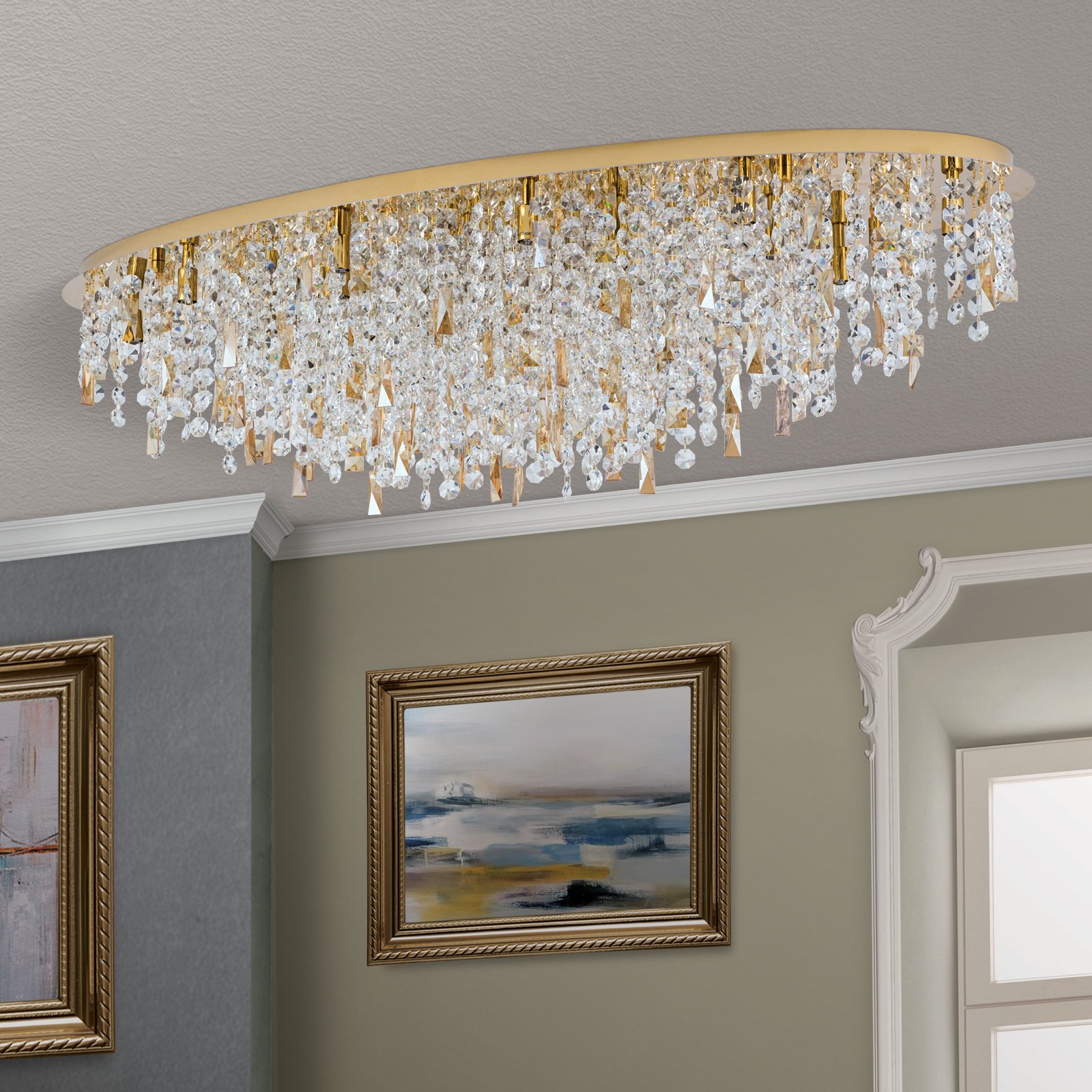 Crystalriver ceiling lamp, crystal elements, gold