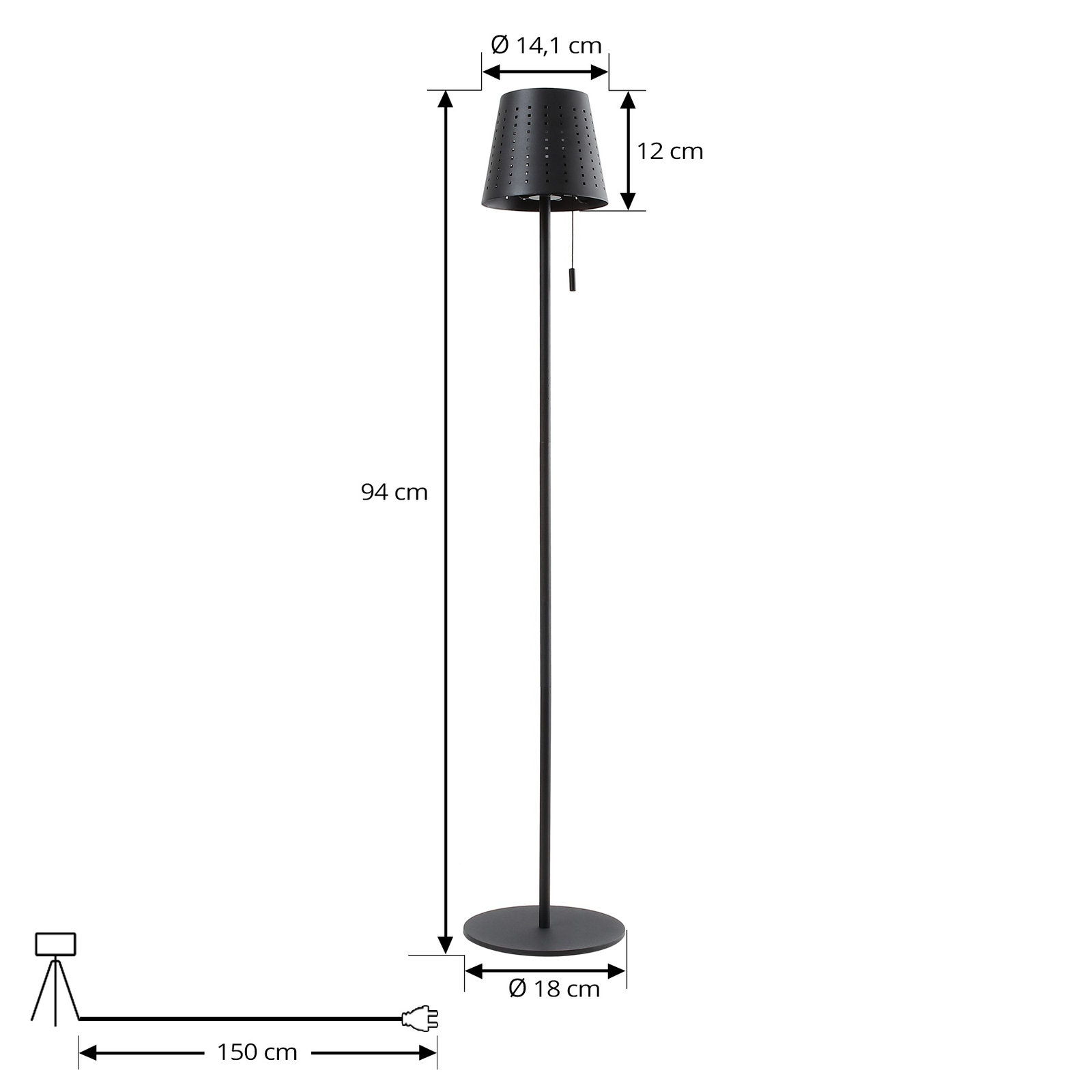 Lindby lampe sur pied LED solaire Hilario, noir, fer, batterie rechargeable