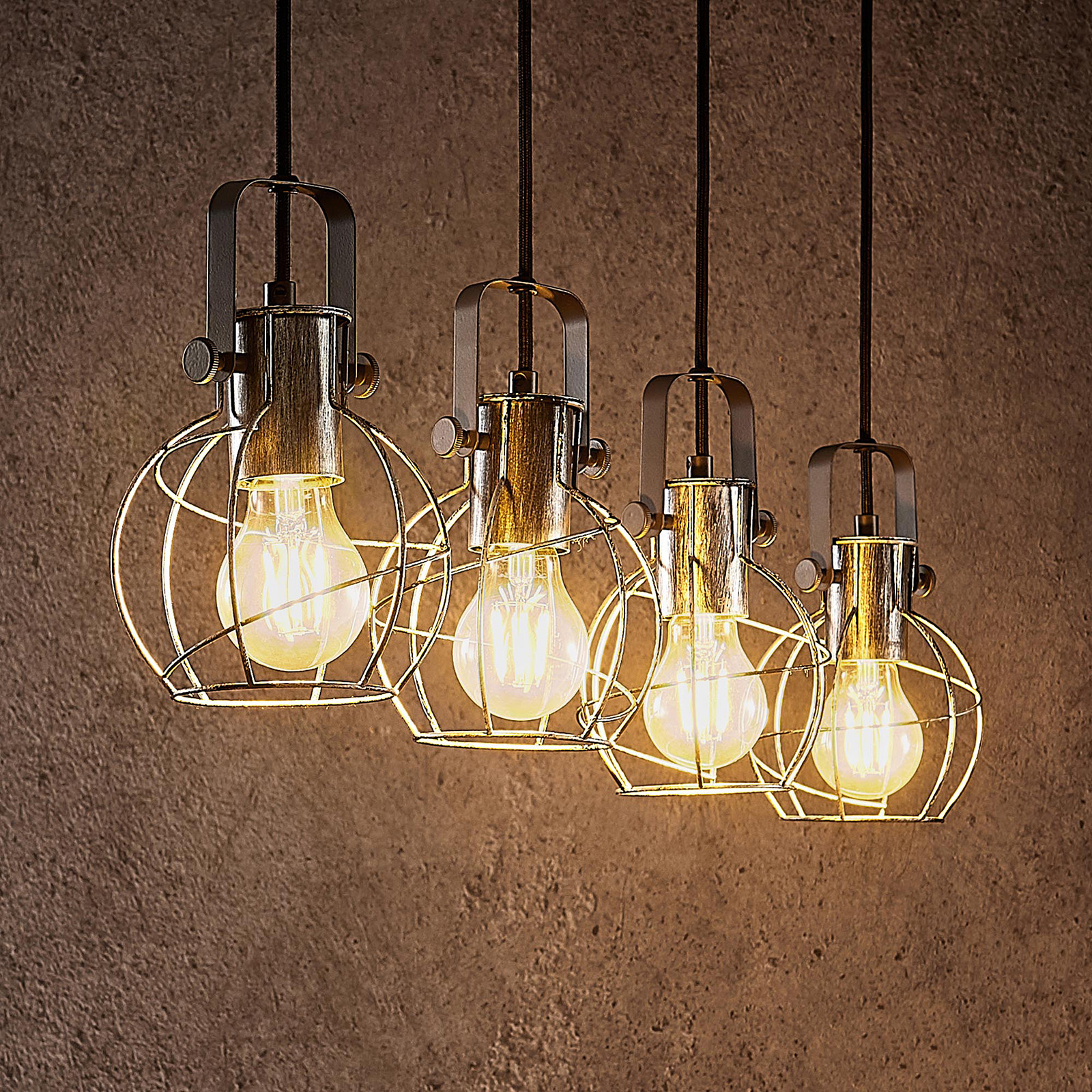 Lindby Salima hanging light cage lampshades 4-bulb, for Living / Dining Room, metal, wood, E27, 28 W, energy efficiency: A++, L: 90 cm, W: 14 cm