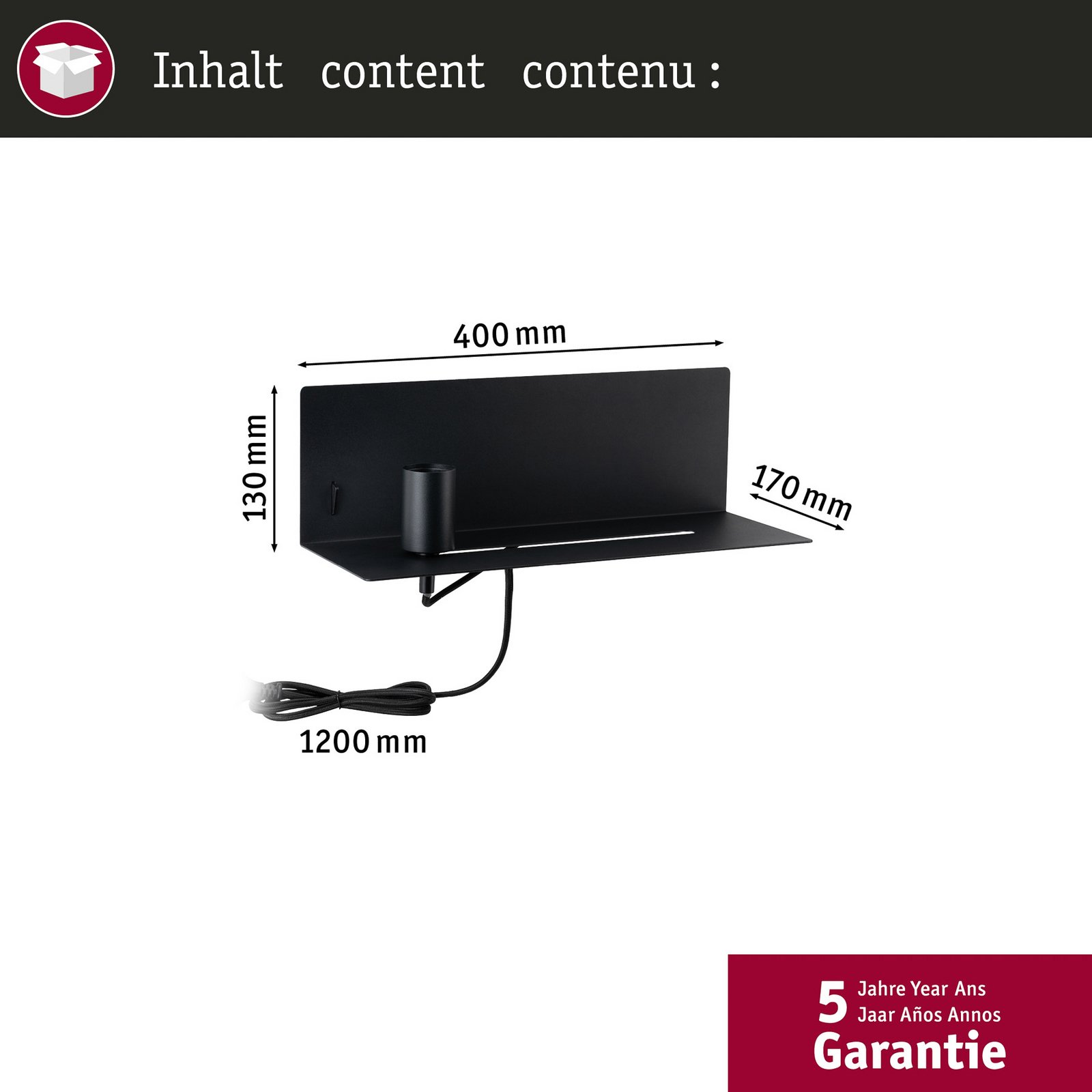 Aplică de perete Paulmann Devara, negru 40 cm E27 Port USB Aplică de perete Paulmann Devara, negru 40 cm E27 Port USB