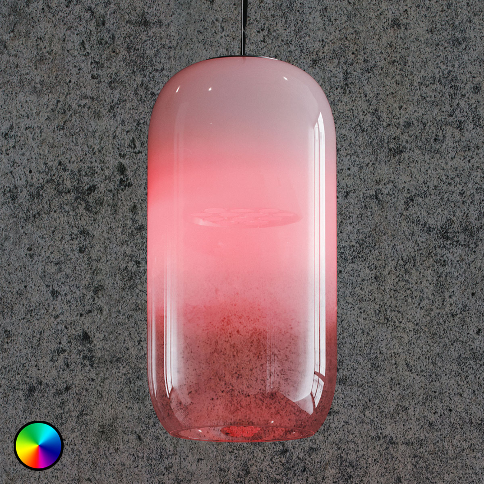 Artemide Gople pendant light, RWB LED lighting, for Living / Dining Room, aluminium, glass, 60 W, energy efficiency: A++, H: 42 cm