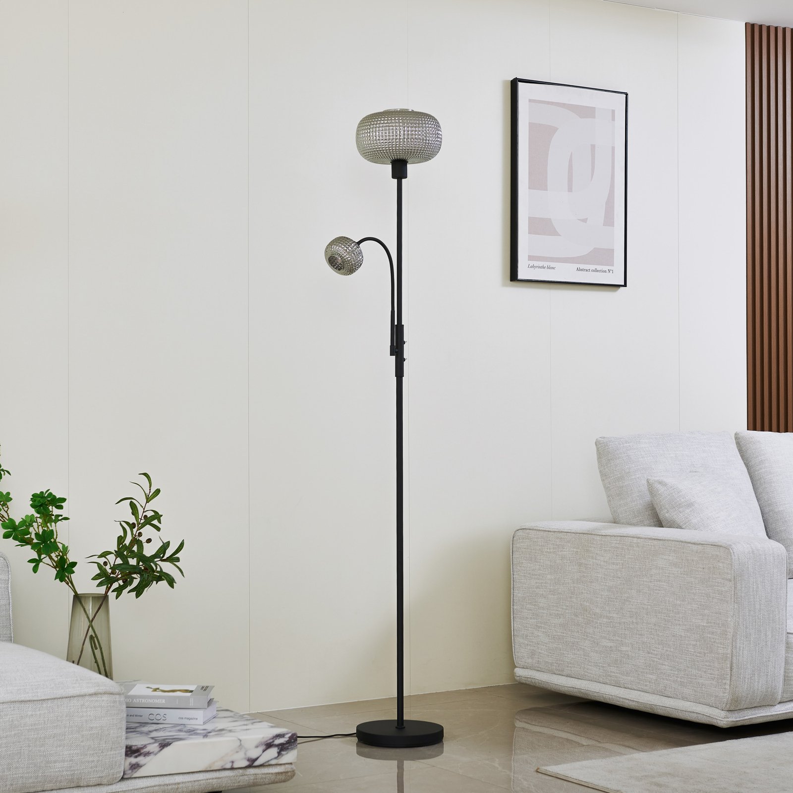 Lindby floor lamp Aliette, black/grey, glass, reading light