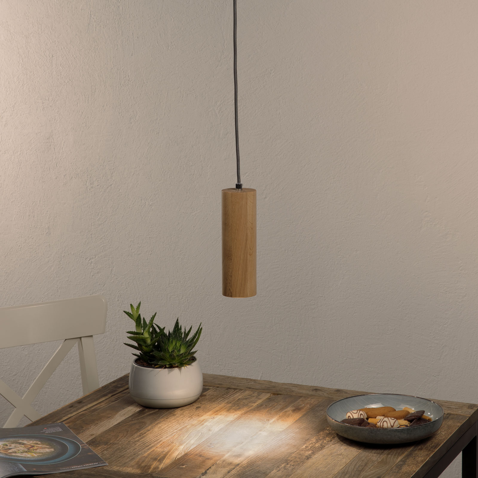 Lámpara colgante Pipe, madera de roble, 1 luz, Ø 10 cm, GU10