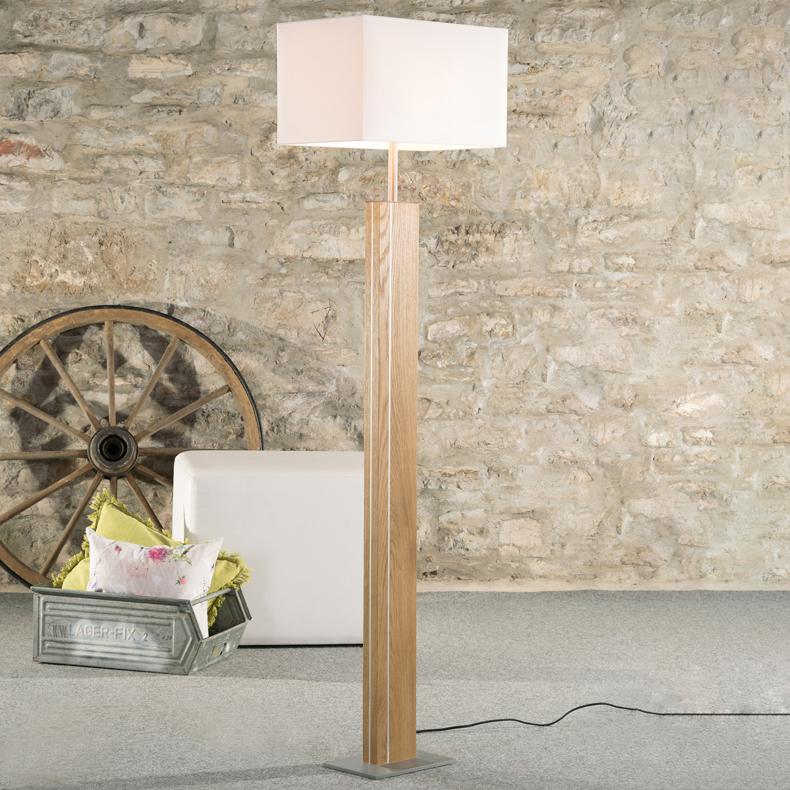 HerzBlut Miss Hilton floor lamp oiled oak, nickel, for Living / Dining Room, wood, fabric, metal, E27, 60 W, energy efficiency: A++, L: 45 cm, W: 25 cm, H: 160 cm