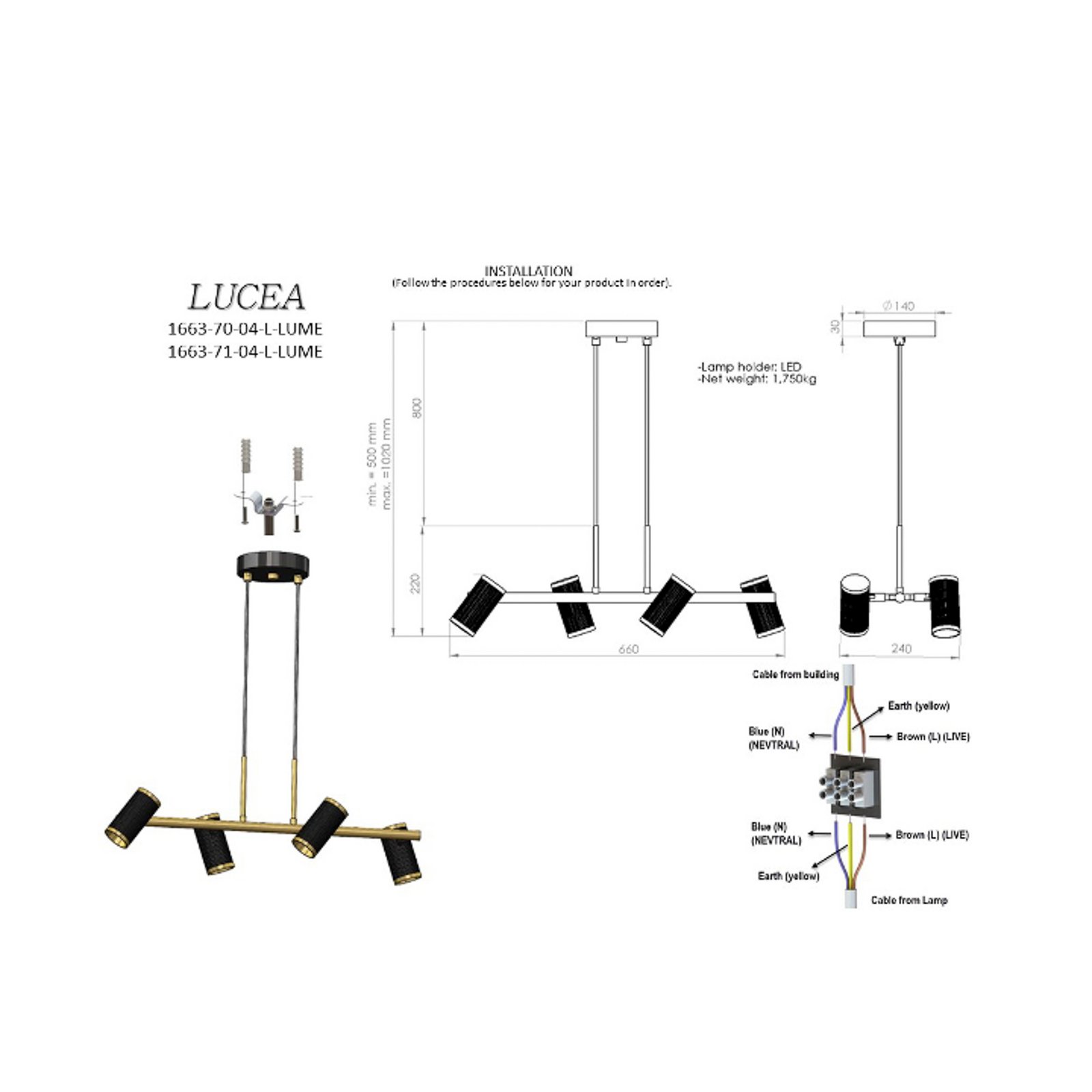 Hängelampe Lume schwarz/gold antik Länge 66 cm 4-flg. Metall