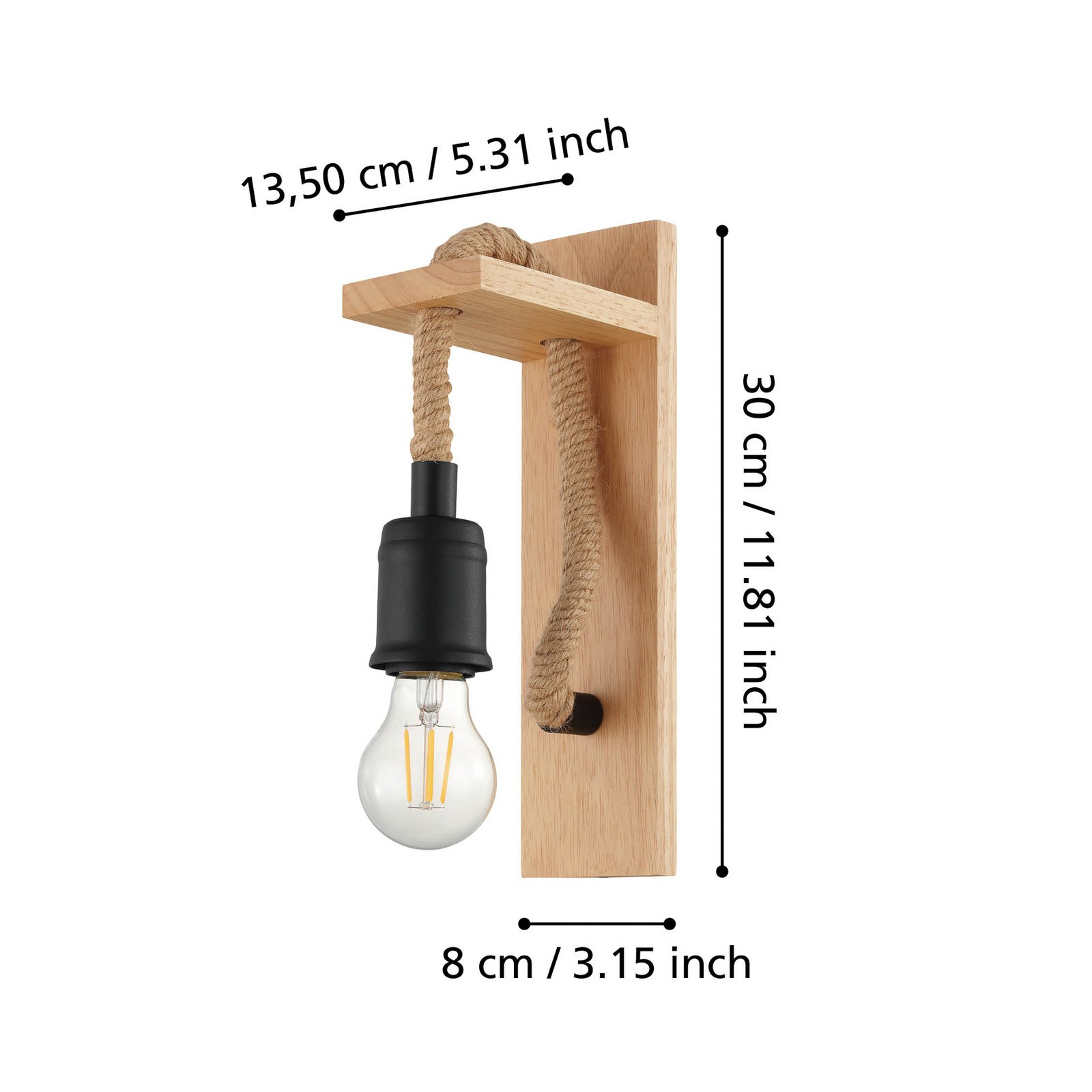 Rampos sieninis šviestuvas iš medžio ir virvės, be atspalvio