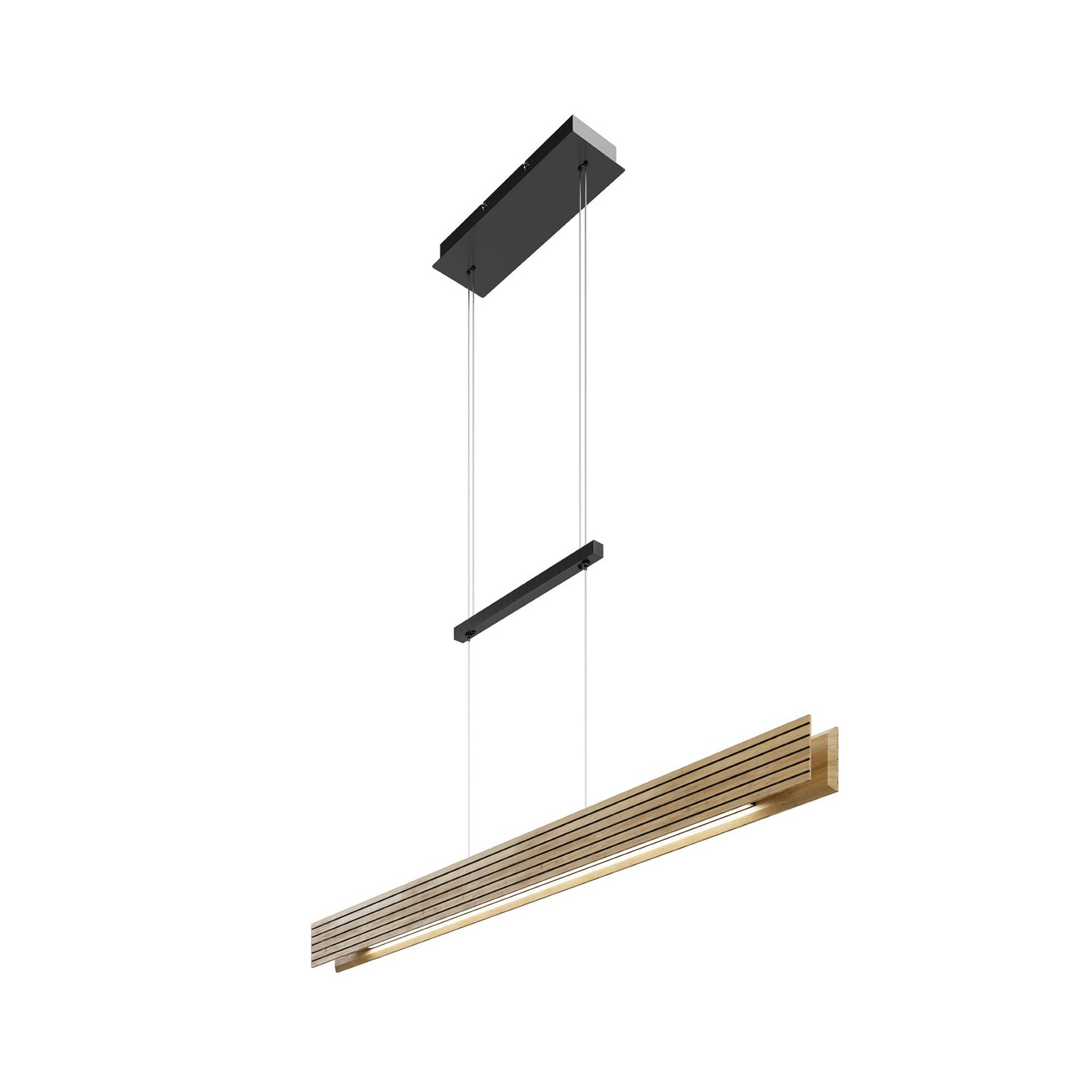 Candeeiro suspenso LED Inka, madeira clara, regulável, comprimento 116 cm