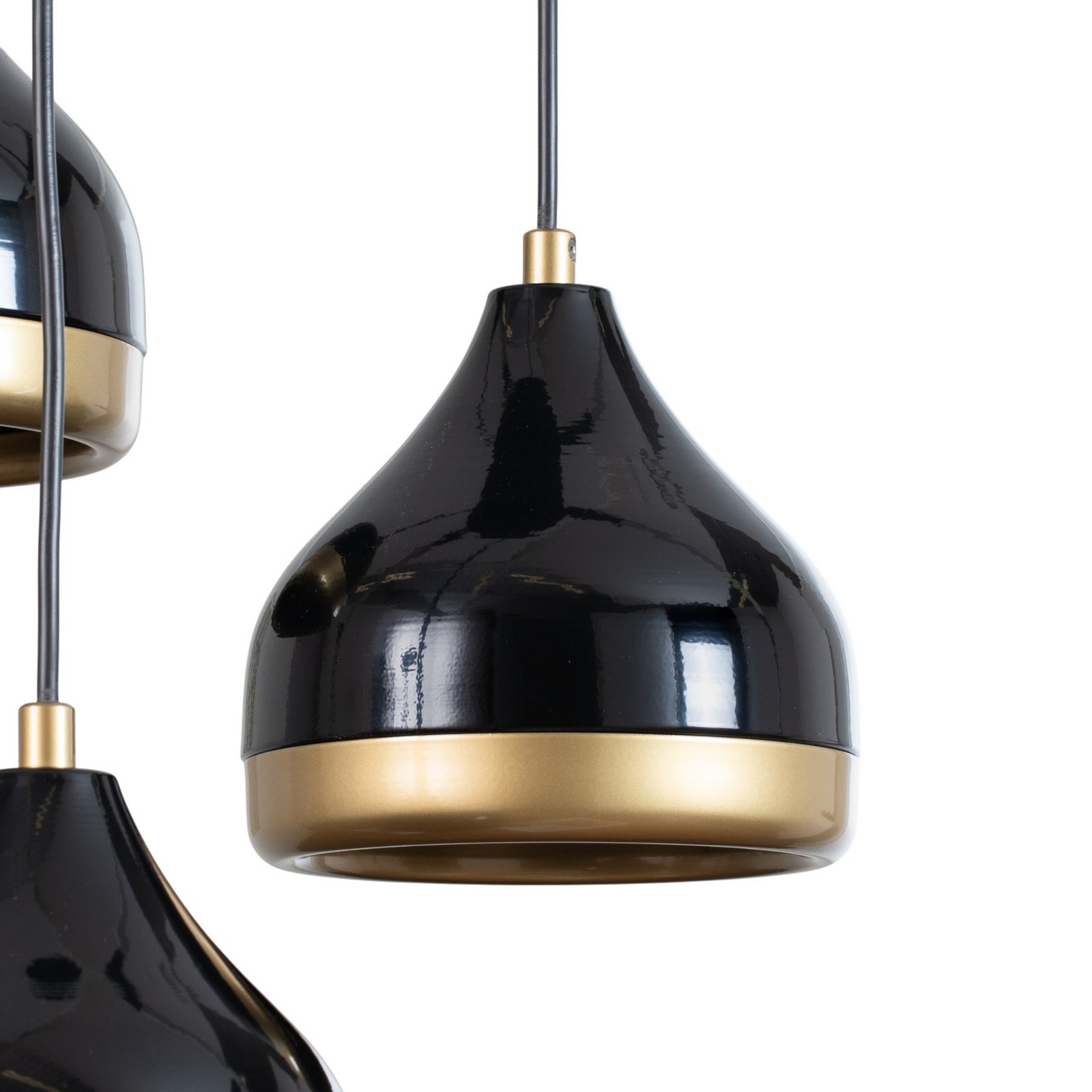 Hengelampe Yildo, 3 lyskilder, svart/gull, rund, Ø37 cm