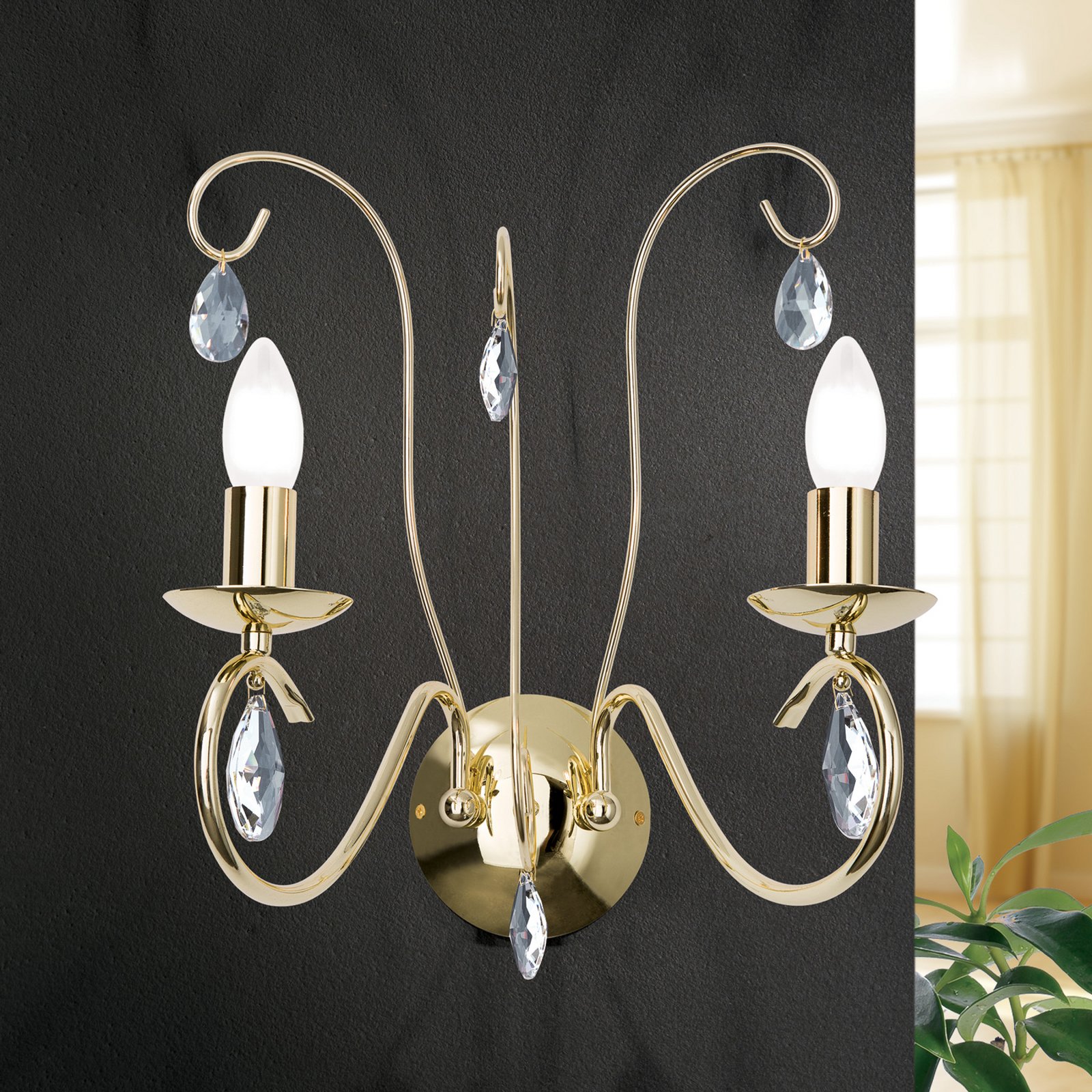 Wall light Alessia 2-bulb crystal glass gold