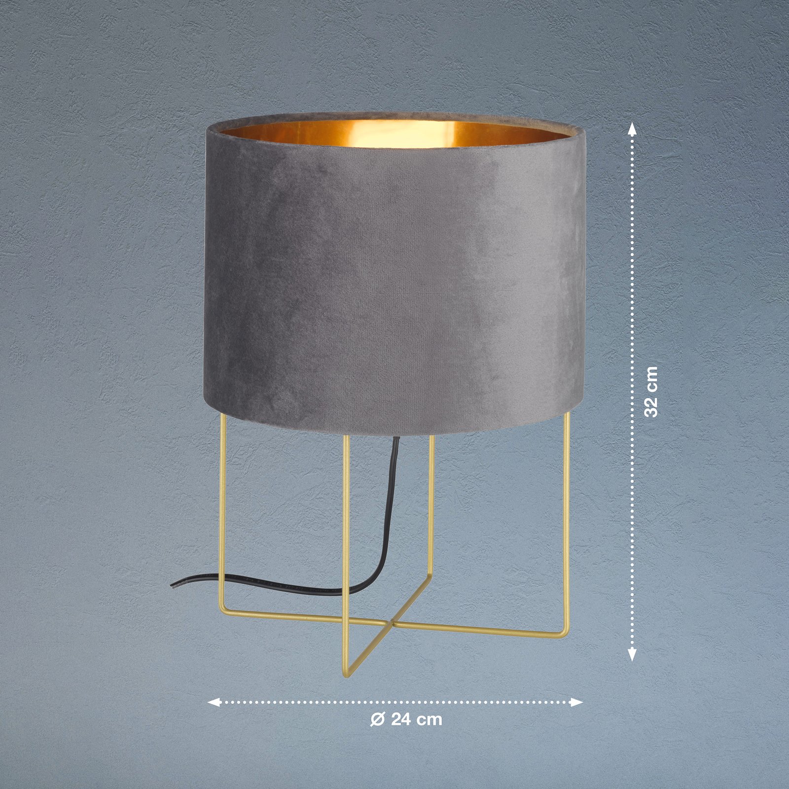 Lampa stołowa Aura, aksamitny klosz, wysokość 32 cm, szary