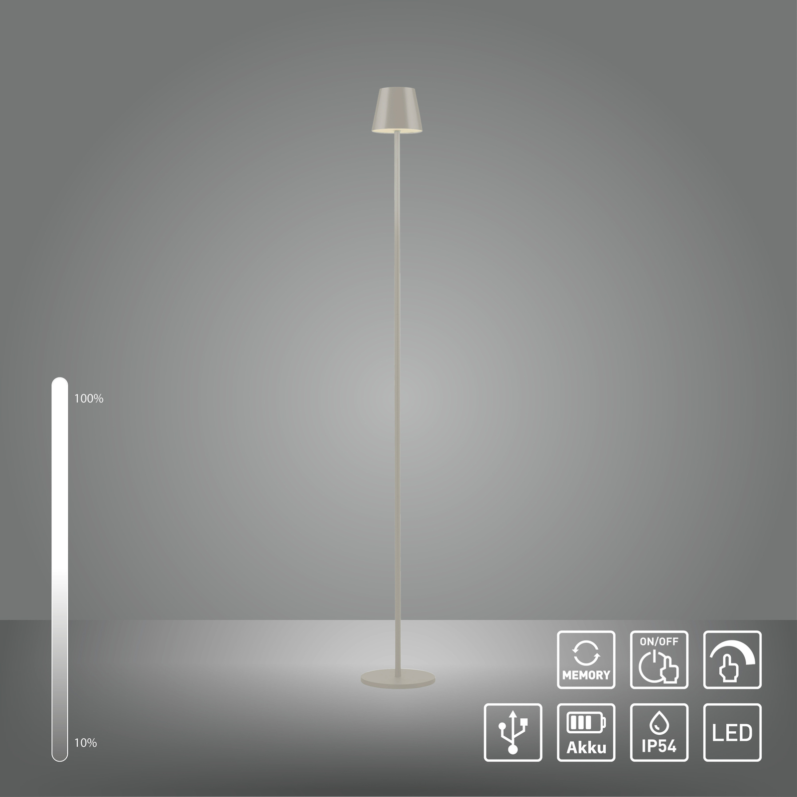 JUST LIGHT. Euria LED-gulvlampe, gråbeige, jern IP54