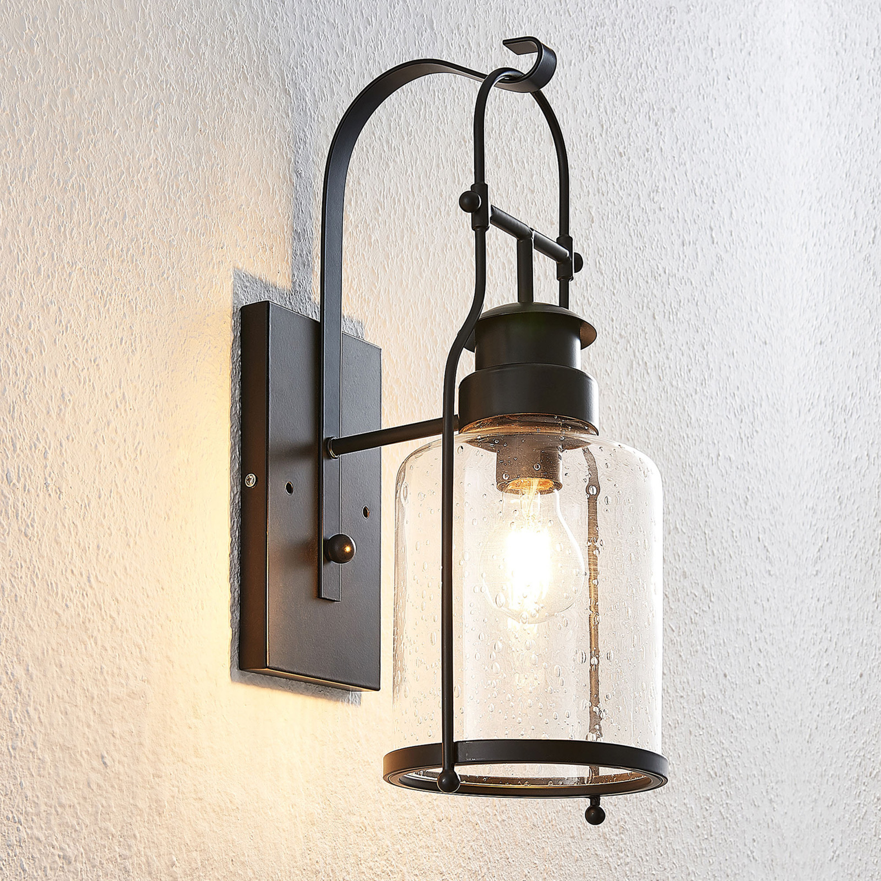 Lindby Rozalie wall light, lantern, black, for Hallway, metal, glass, E27, 60 W, energy efficiency: A++, W: 18 cm, H: 44 cm