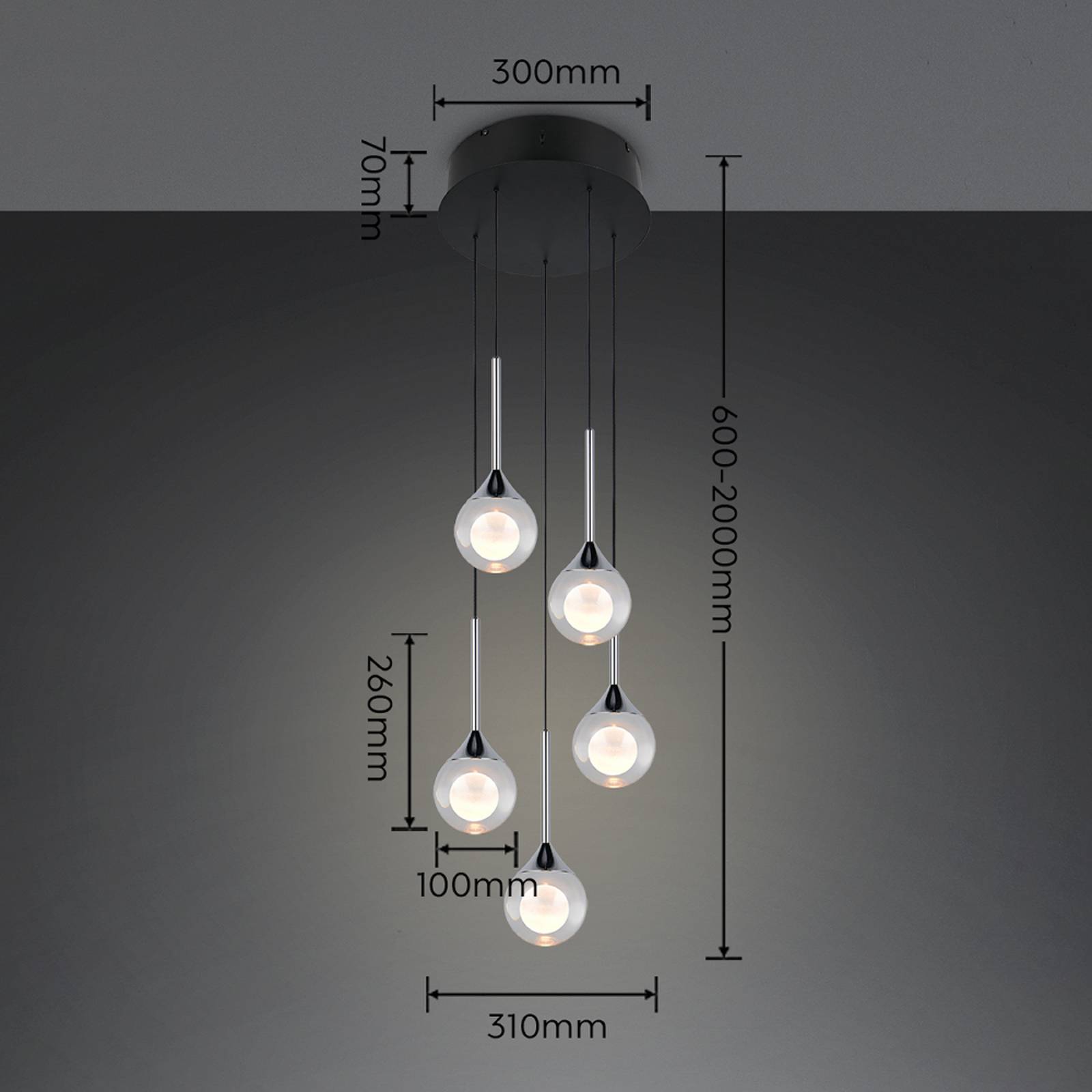 LED-pendellampe Calista, kromfarget, Ø 31 cm, metall/glass, 5 lyskilder