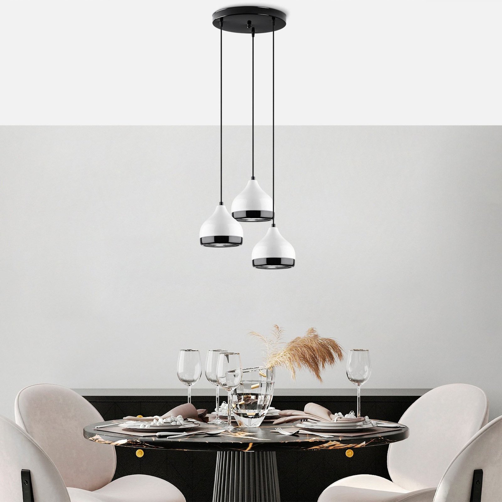 Suspension Yildo 6873, blanc/noir, métal 3 lampes rond