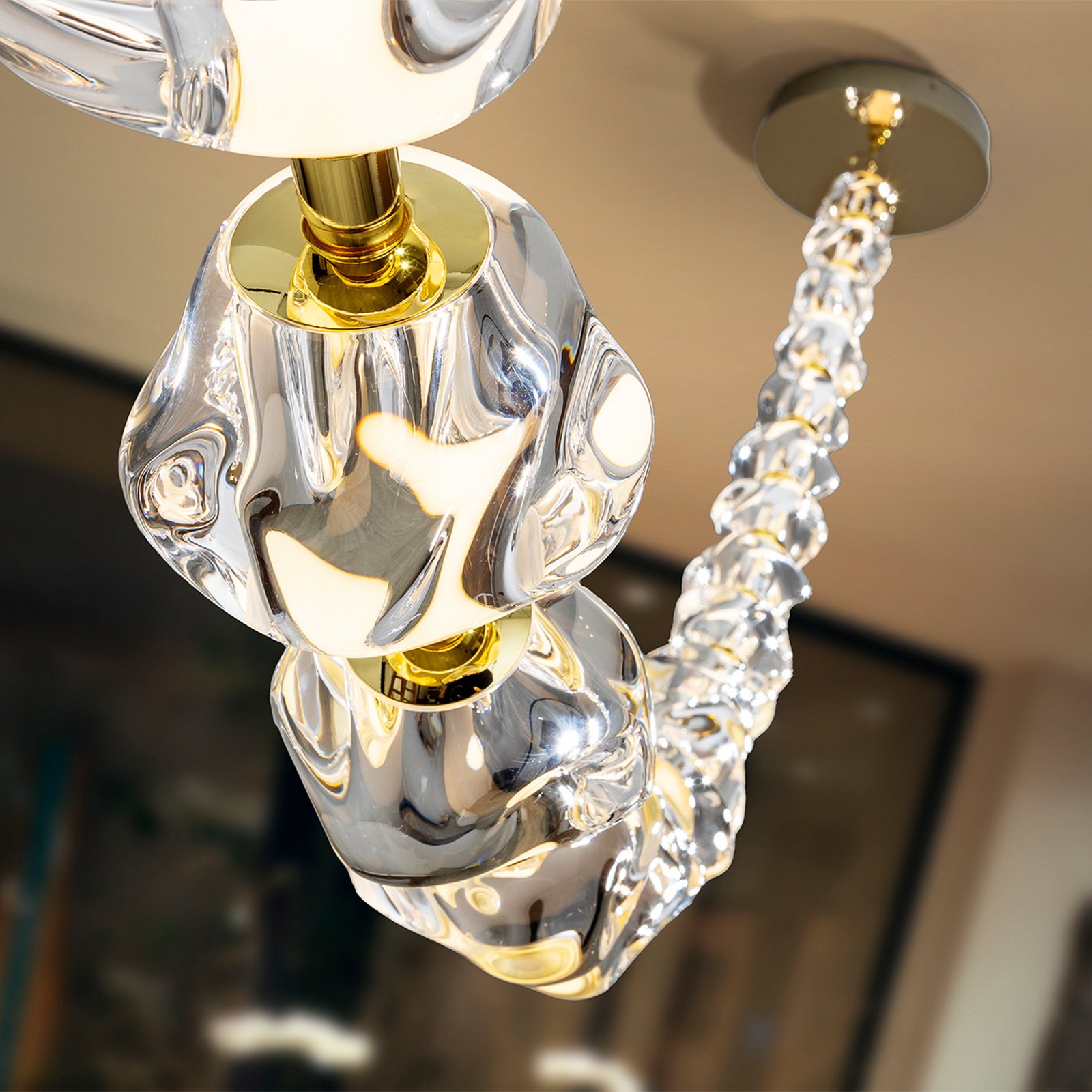Zaria LED pendant light, 21-fl., gold, clear, metal, acrylic