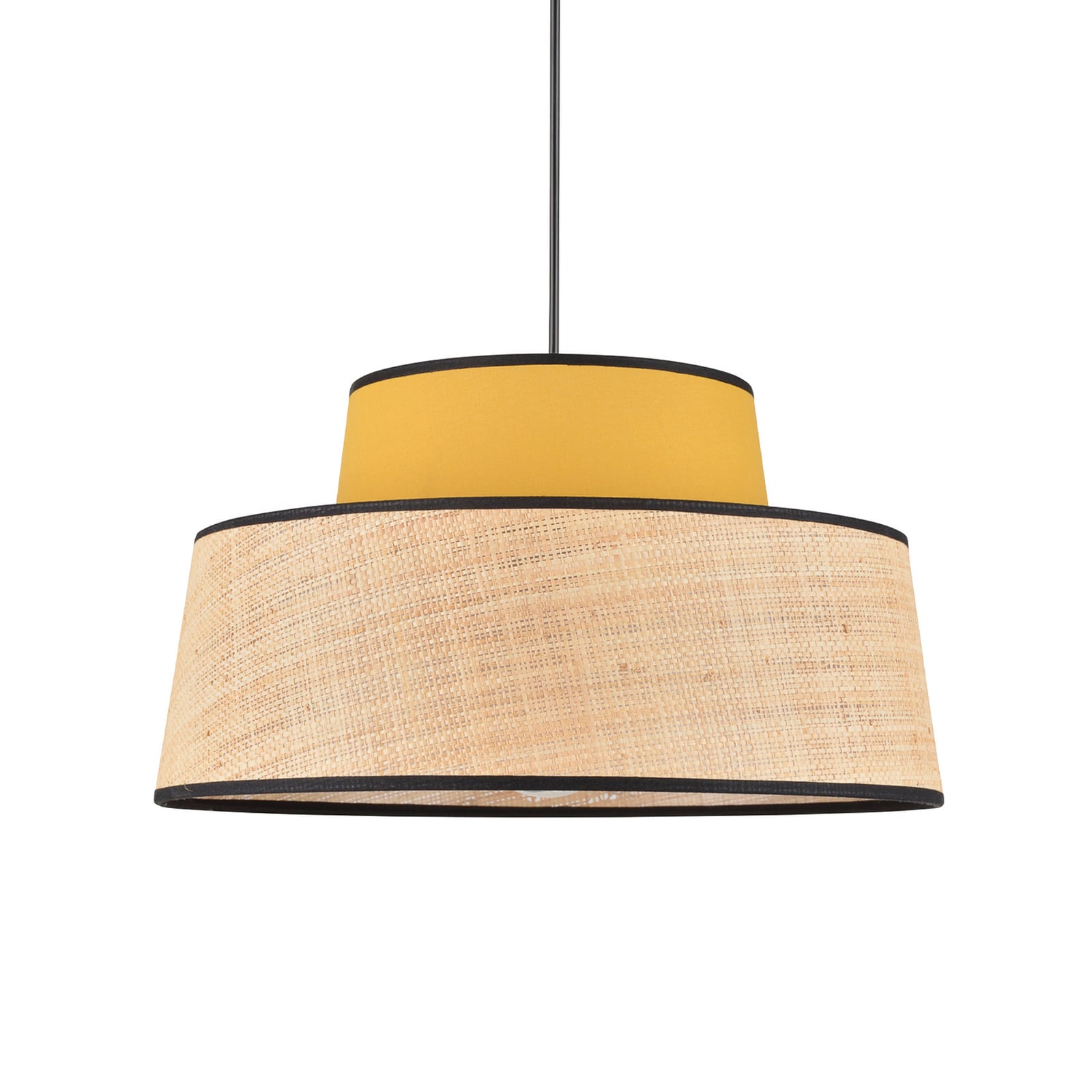 Lampă suspendată Mallorca, galben muștar, Ø 38 cm, țesătură/raț