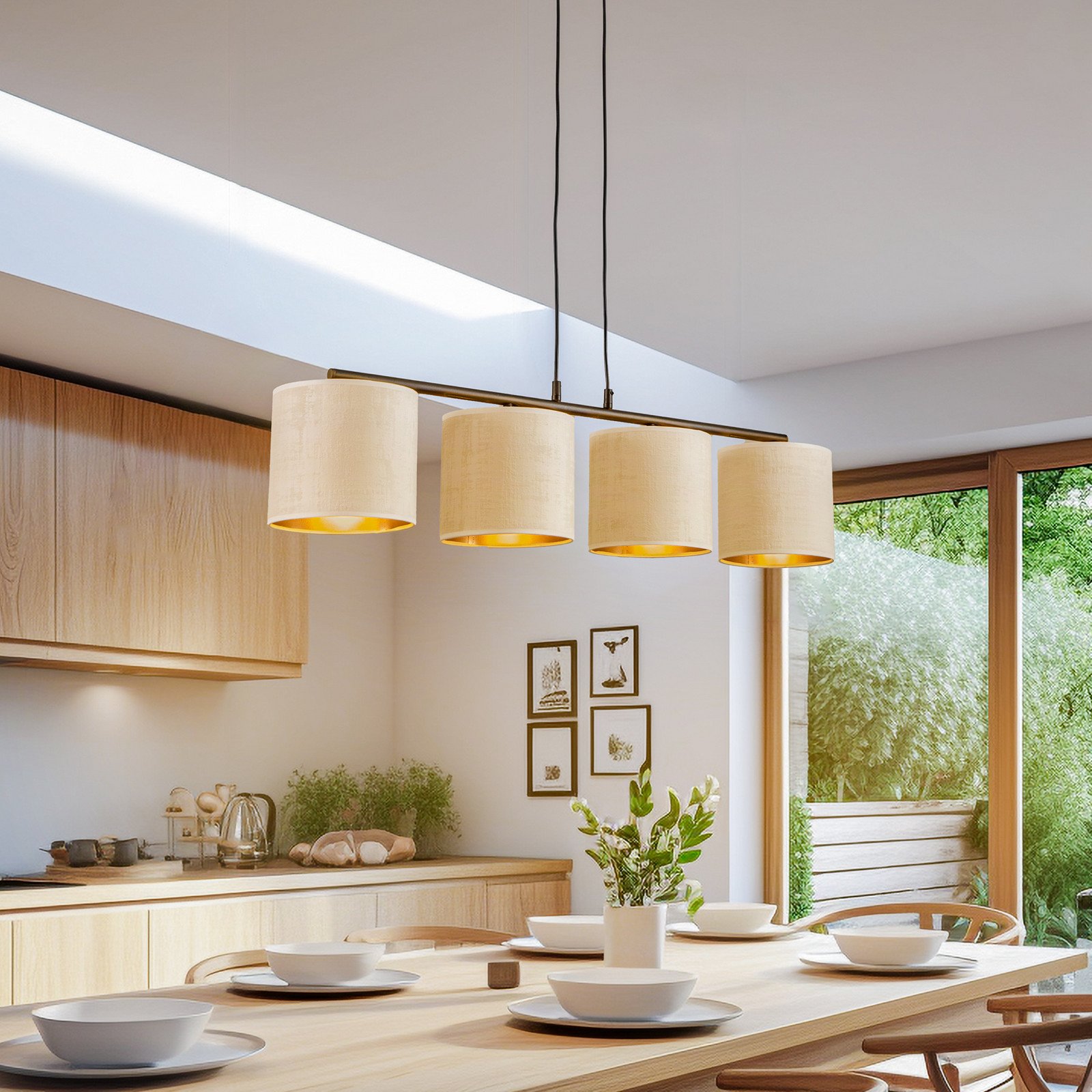 EMIBIG LIGHTING Lampă suspendată Jari cu abajur din pânză 4 becuri lungă alb-auriu - Camera de zi / sufragerie - alb auriu negru - Țesătură / Textil