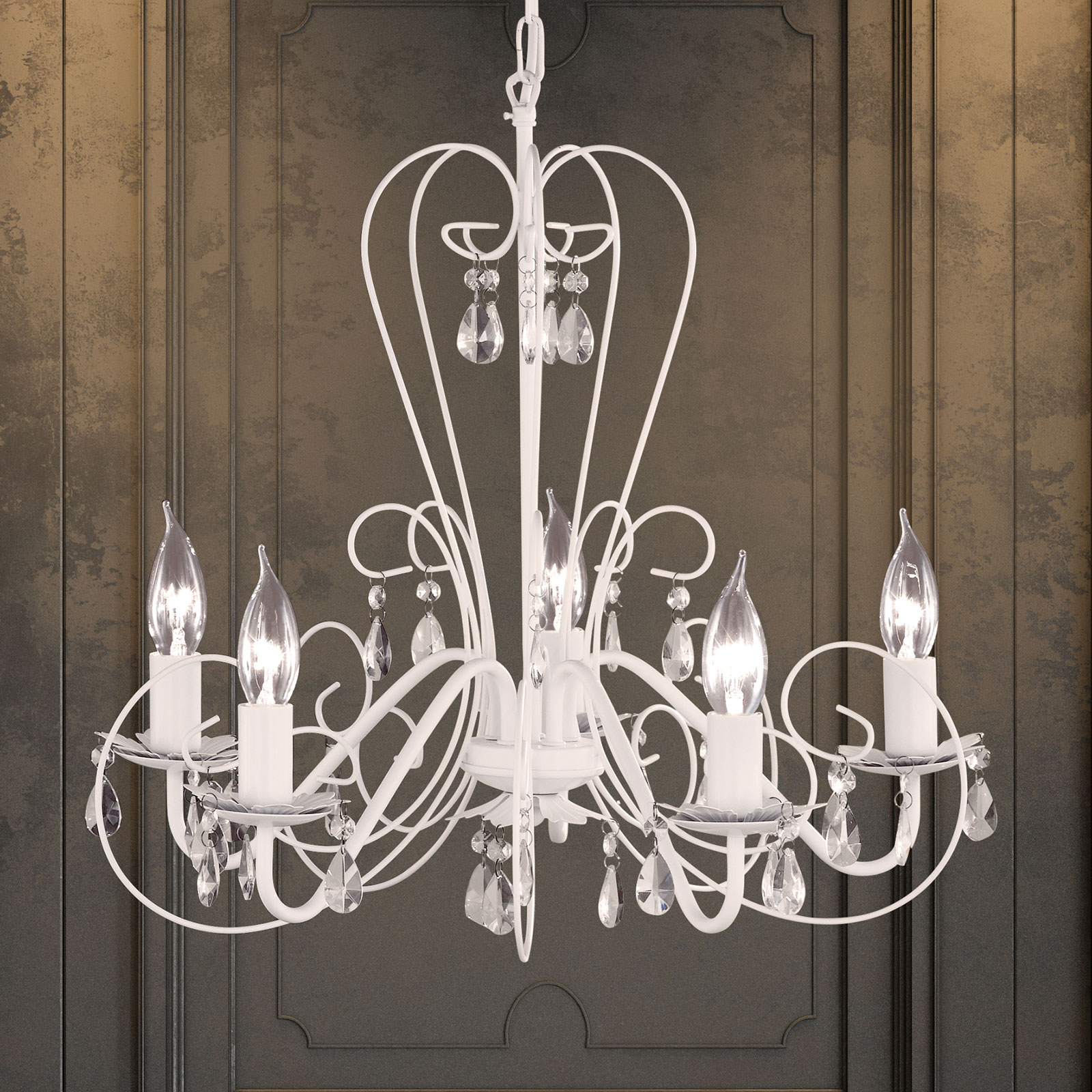 Fischer & Honsel Prisma Chandelier Five Bulbs White, for Living / Dining Room, Metal, glass, E14, 28 W, energy efficiency: A++, H: 50 cm