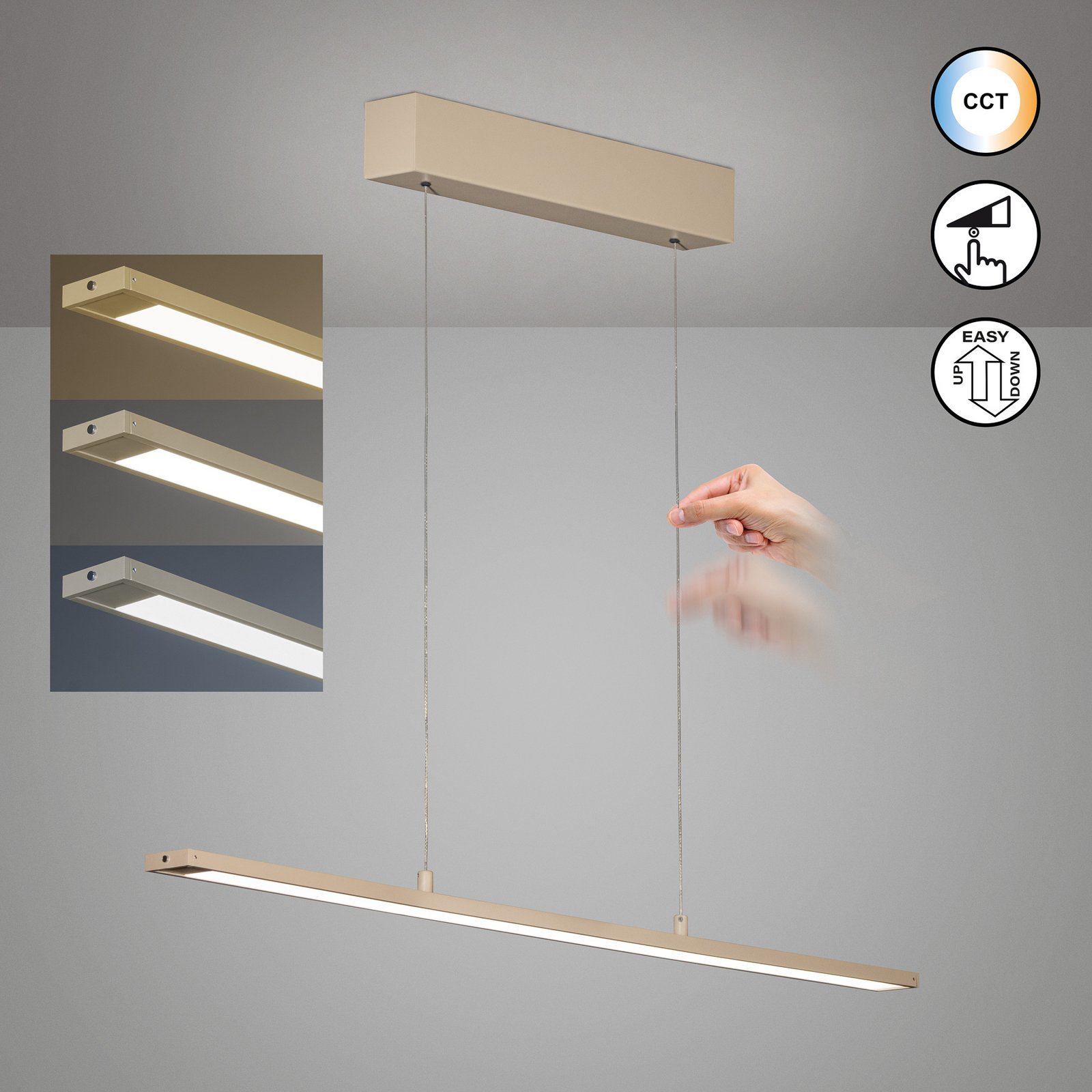 Lámpara colgante LED Marlo, arena, longitud 90 cm, CCT, regulador táctil Lámpara colgante LED Marlo, arena, longitud 90 cm, CCT, regulador táctil