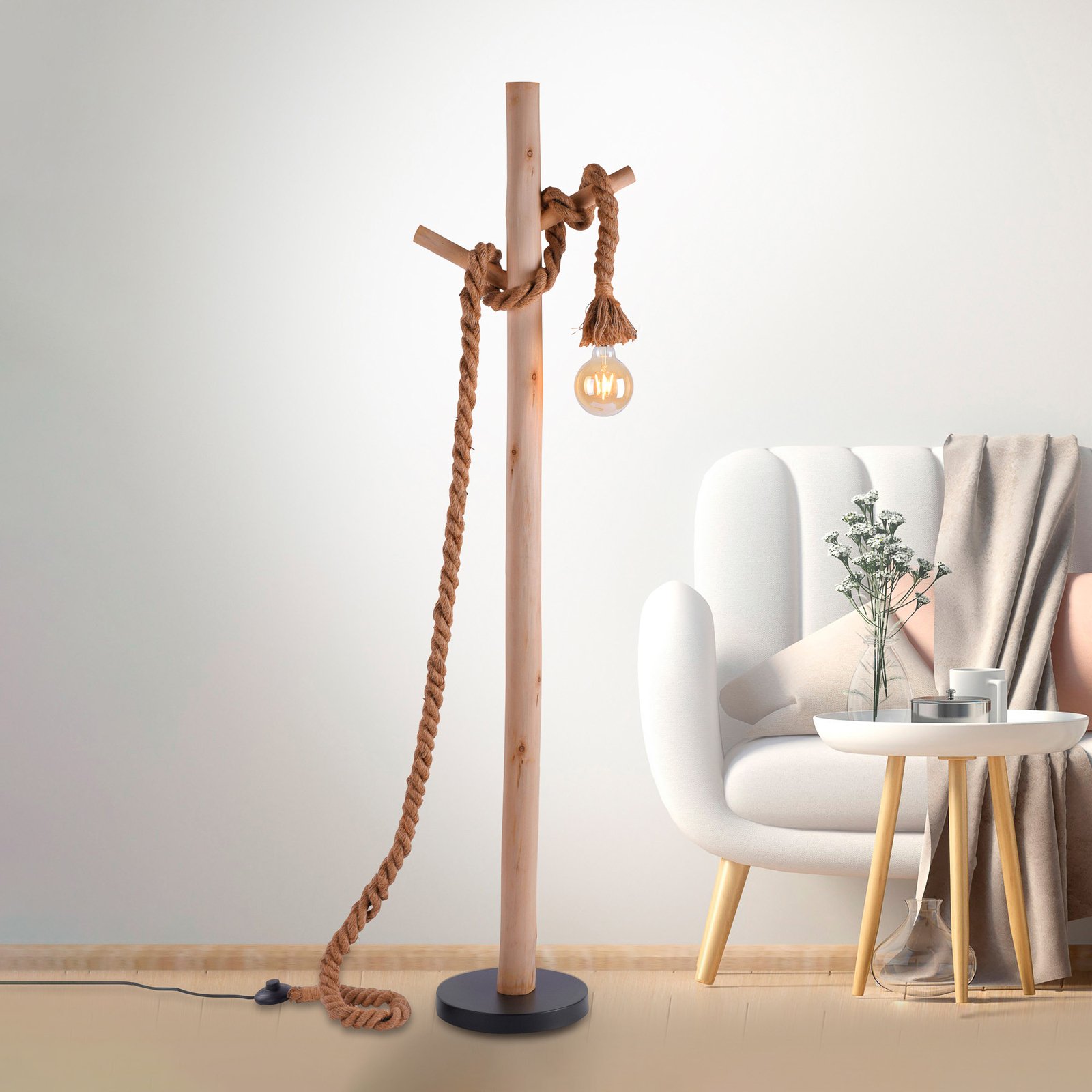 Rope golvlampa med rep och trä, en lampa