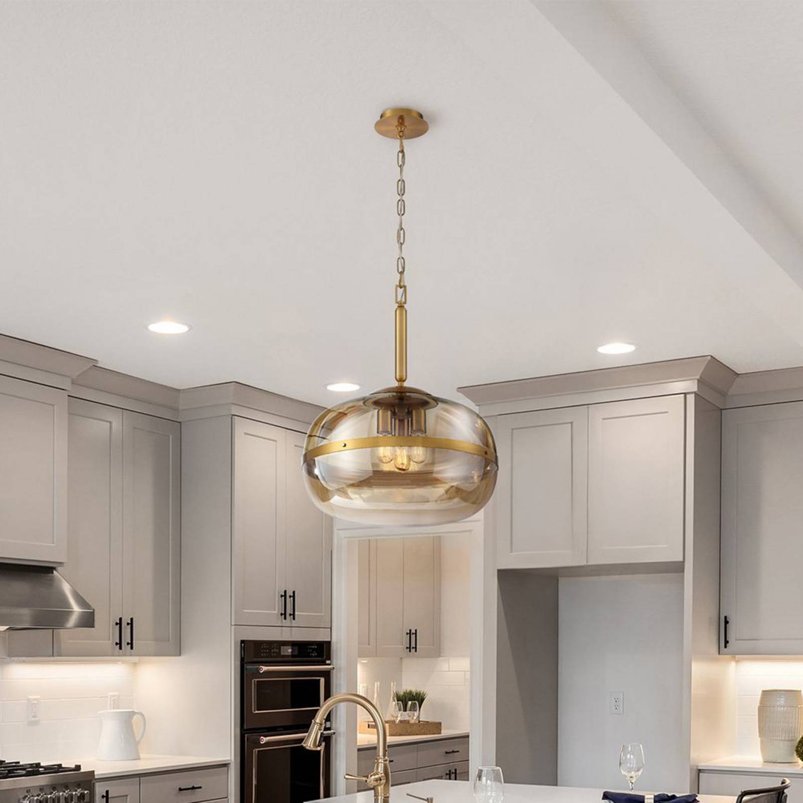 Hängeleuchte NOTTINGHAM, messing antik, Ø 51 cm, Glas/Metall günstig online kaufen