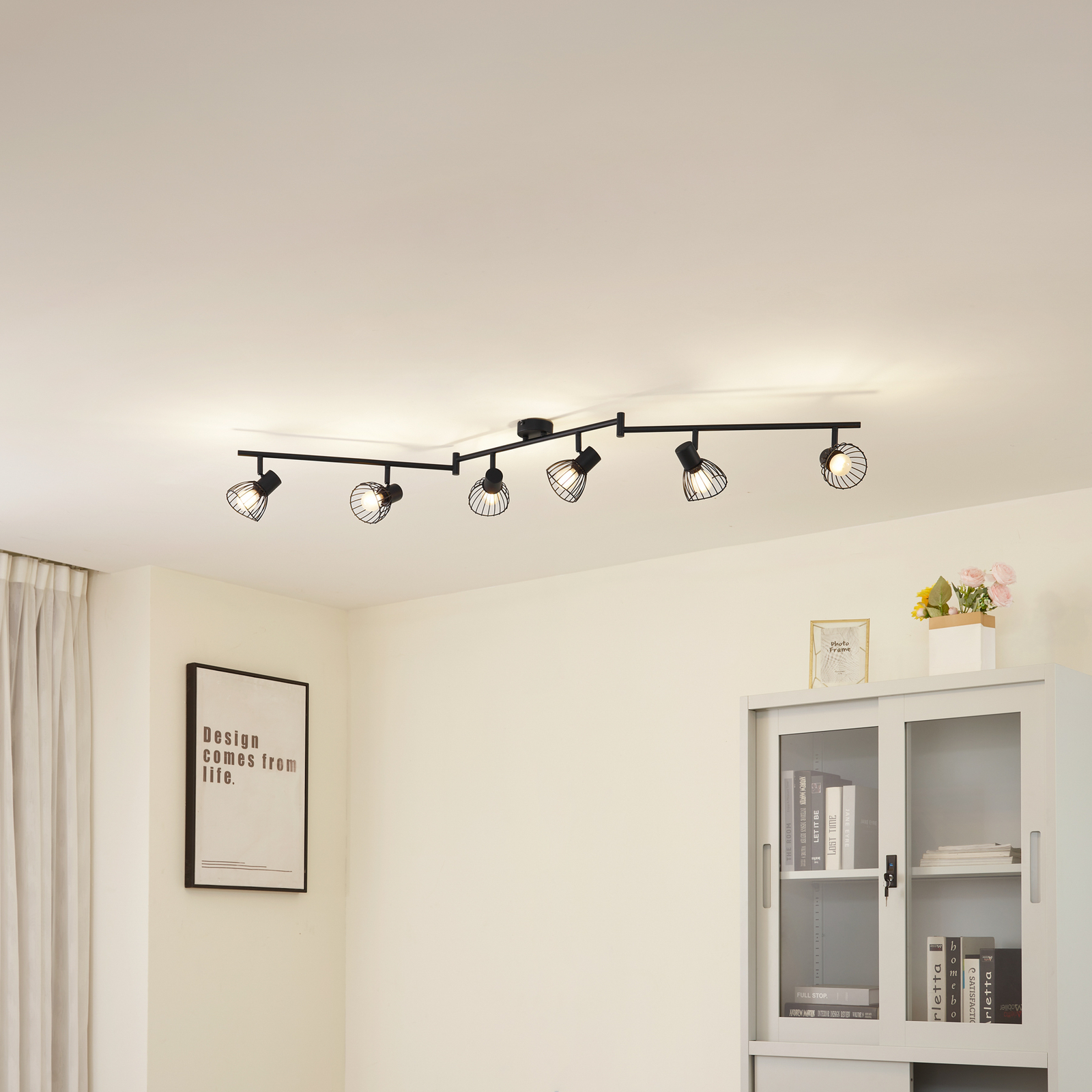 Lindby plafonnier Piena, noir, 6 lampes, métal, 150cm