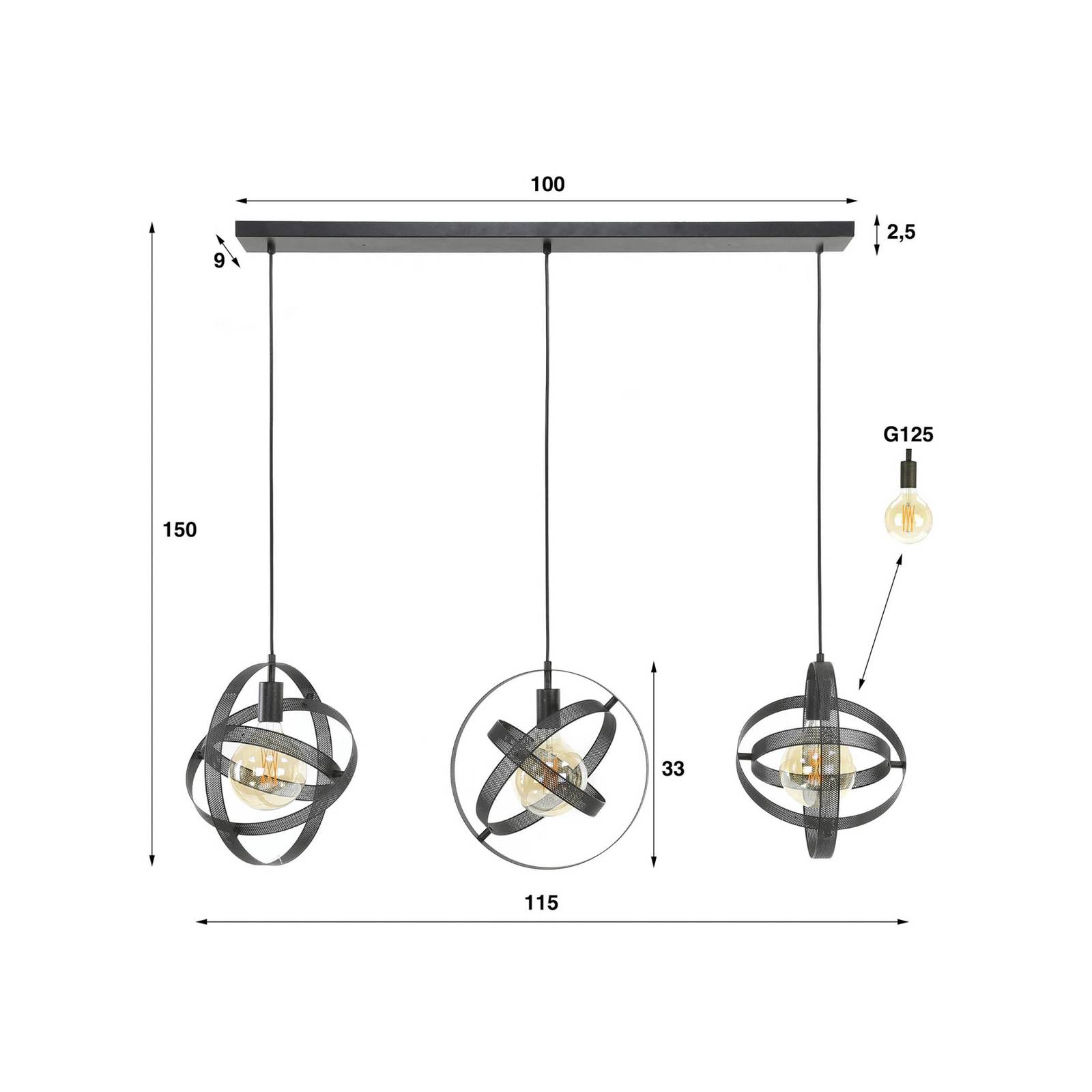 Lampa wisząca Cosmica, 3-punktowa, czarna, metal, siatka, E27