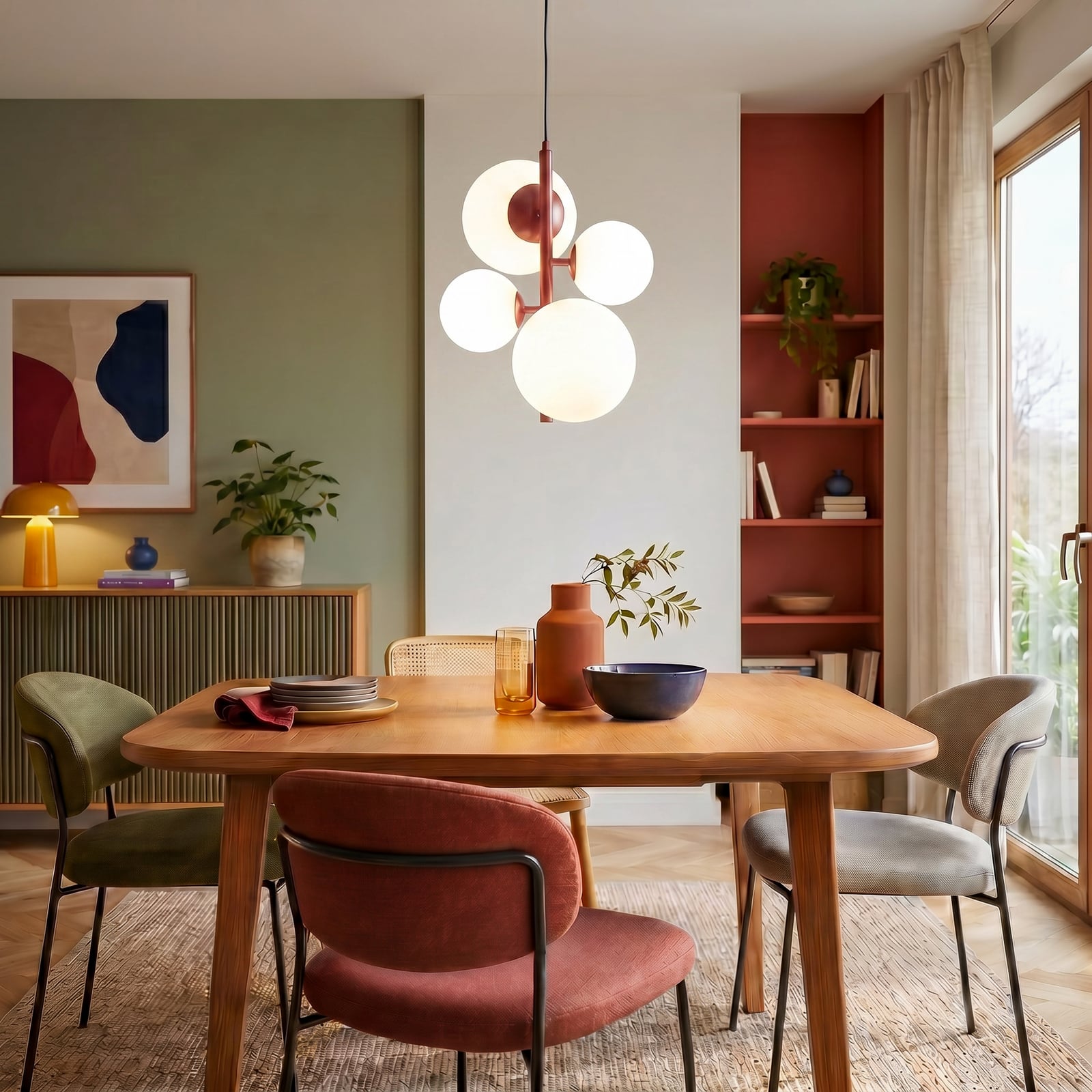 Joel hanglamp, wijnrood/wit, 4-lamps - ALDEX