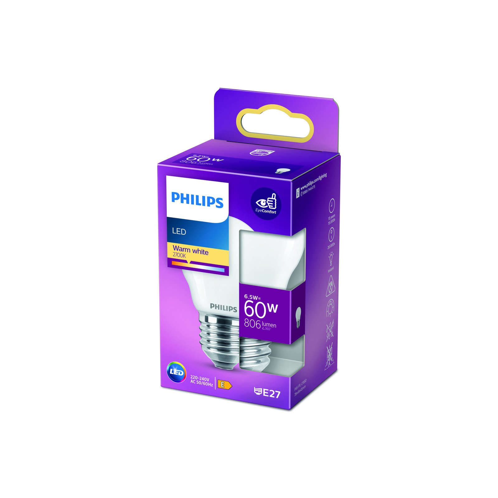 Philips Classic LED žárovka E27 P45 6,5W 2700K mat