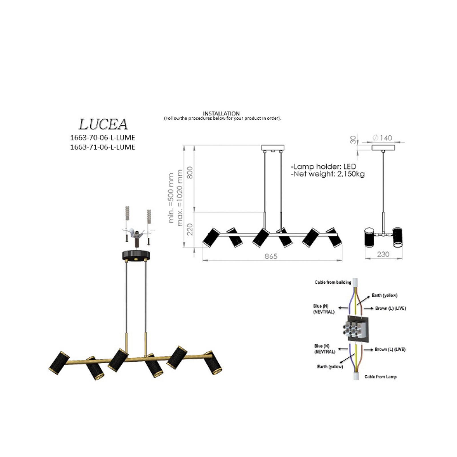 Hängelampe Lume schwarz/gold antik Länge 86 cm 6-flg. Metall