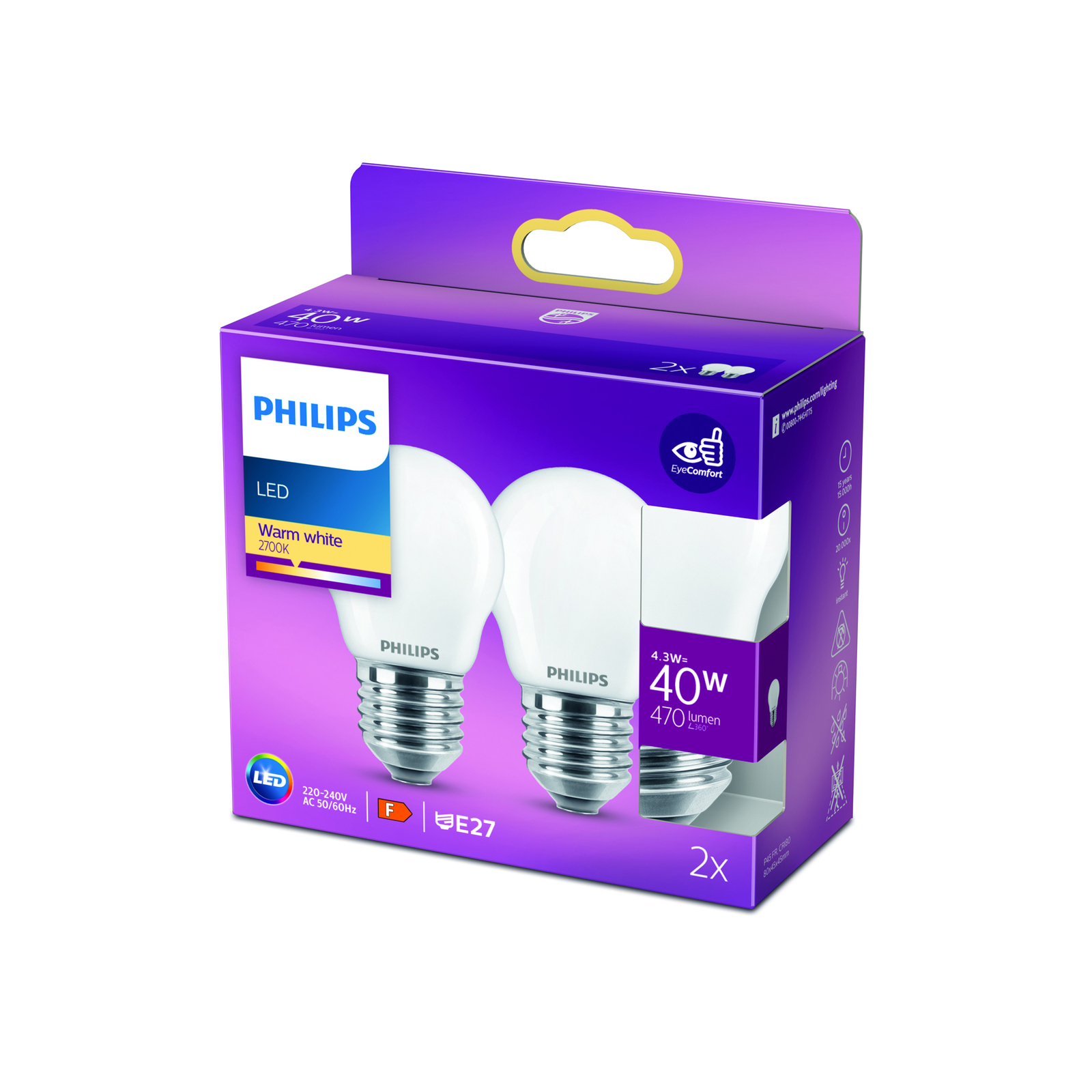 Philips LED lámpa E27 P45 4,3W 2700K opál 2db