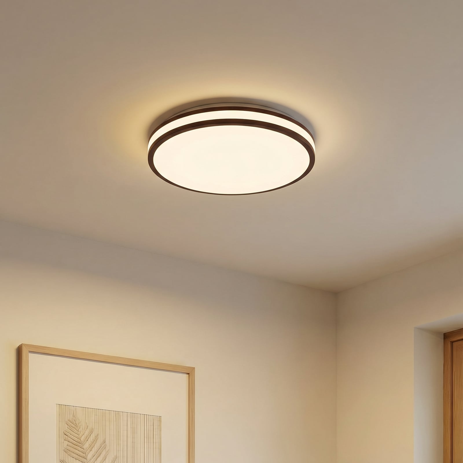 Emiva LED-kattovalaisin, tumma puu, CCT, Ø 40 cm – Lindby