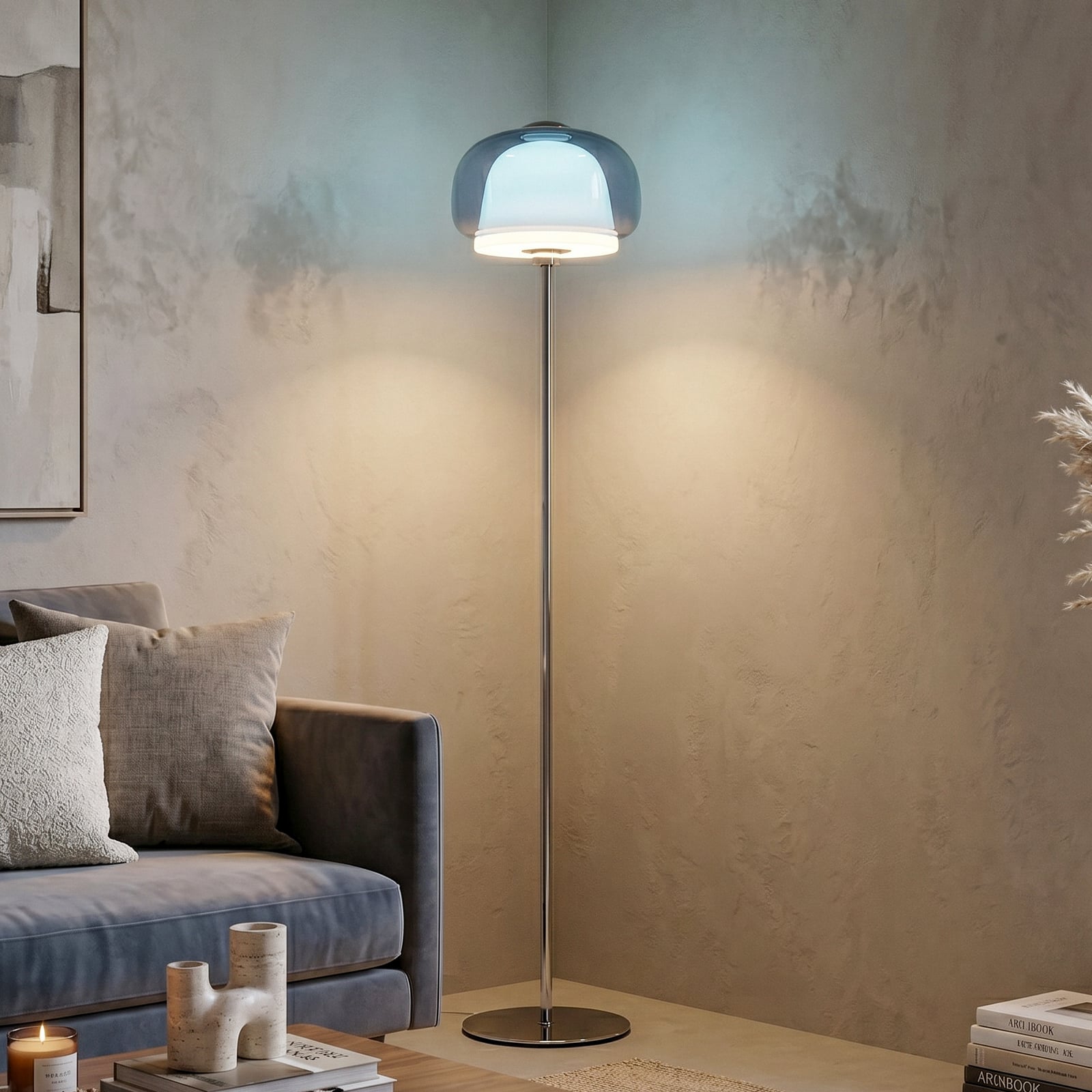 Stojacia lampa Belomontejo, modro-priehľadná, sklo, oceľ, E27