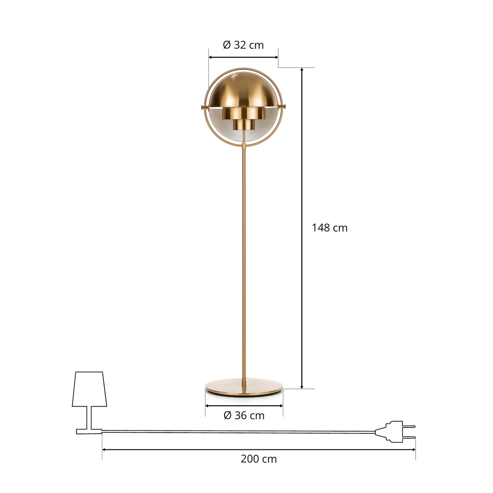 Lámpara de pie Gubi Lite, altura 148 cm, latón/latón