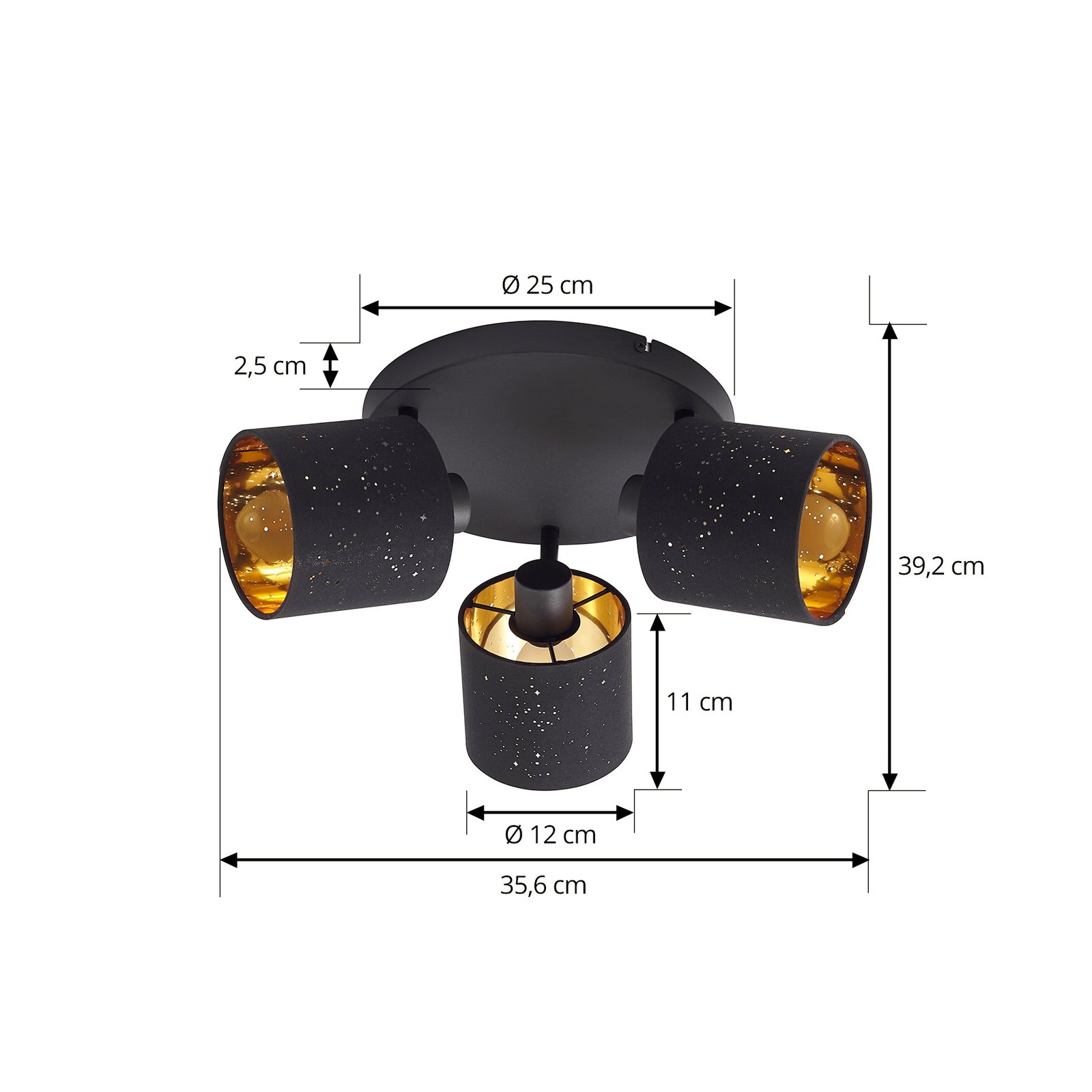 Lindby Deckenleuchte Vasilia, 3-flammig, schwarz/gold, Stoff