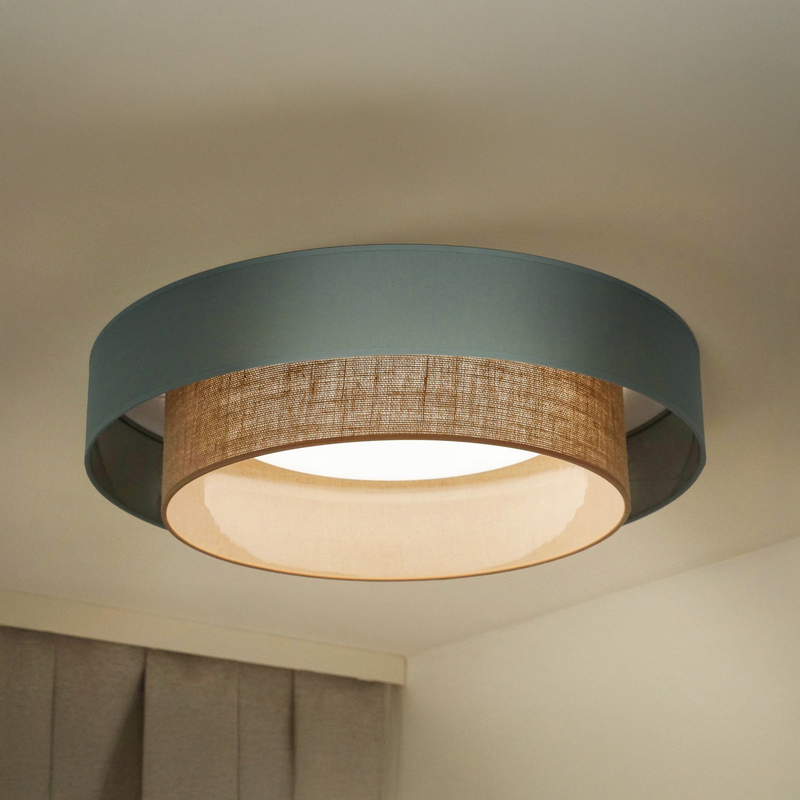 LED ceiling light Luneta, sage/jute, Ø 60 cm, 3-step dimmable