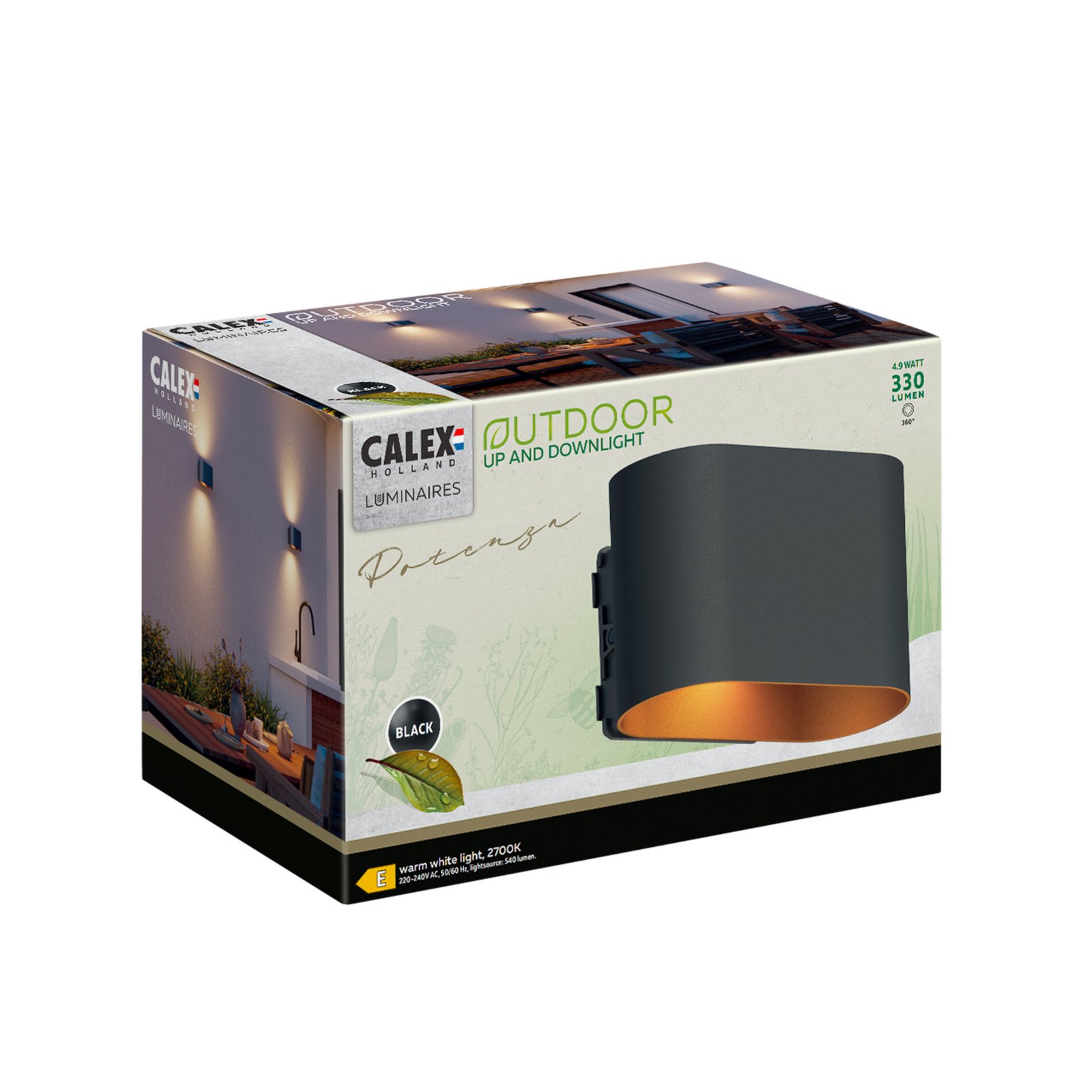 Calex LED-Außenwandlampe Potenza up/down, IP44, schwarz/gold