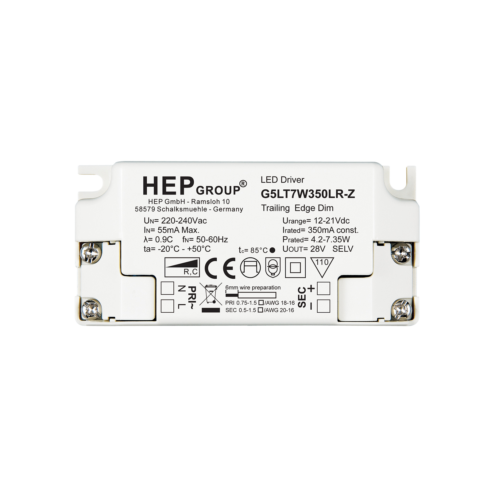 HEP LED driver G5LT, 7 W, 350 mA, dimmable, CC, plastic, L: 8.5 cm, W: 7.6 cm, H: 2.2 cm