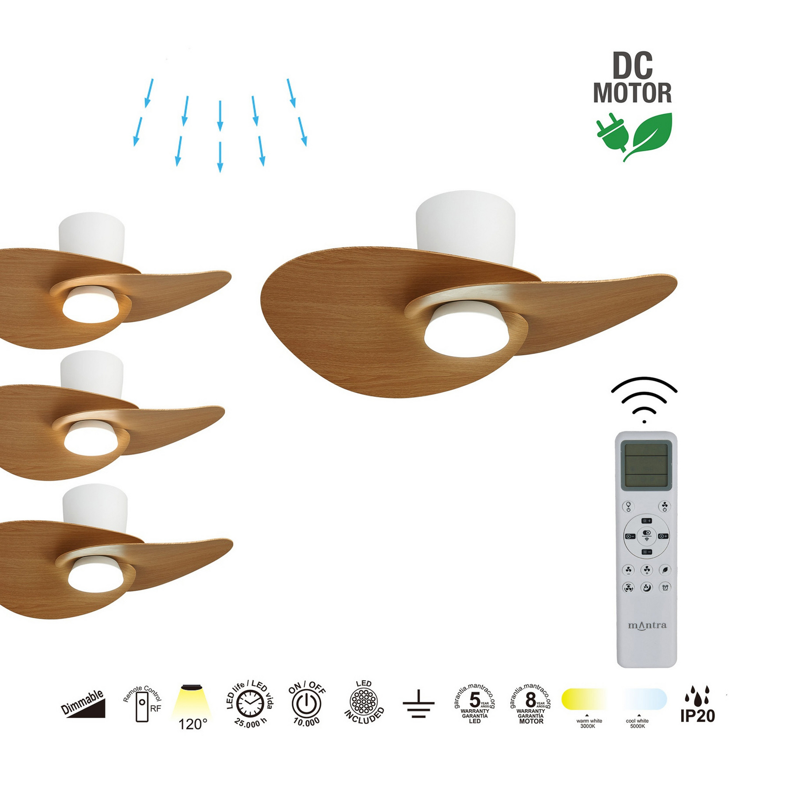 LED-Deckenventilator Nenufar, weiß/holz, DC, leise, CCT