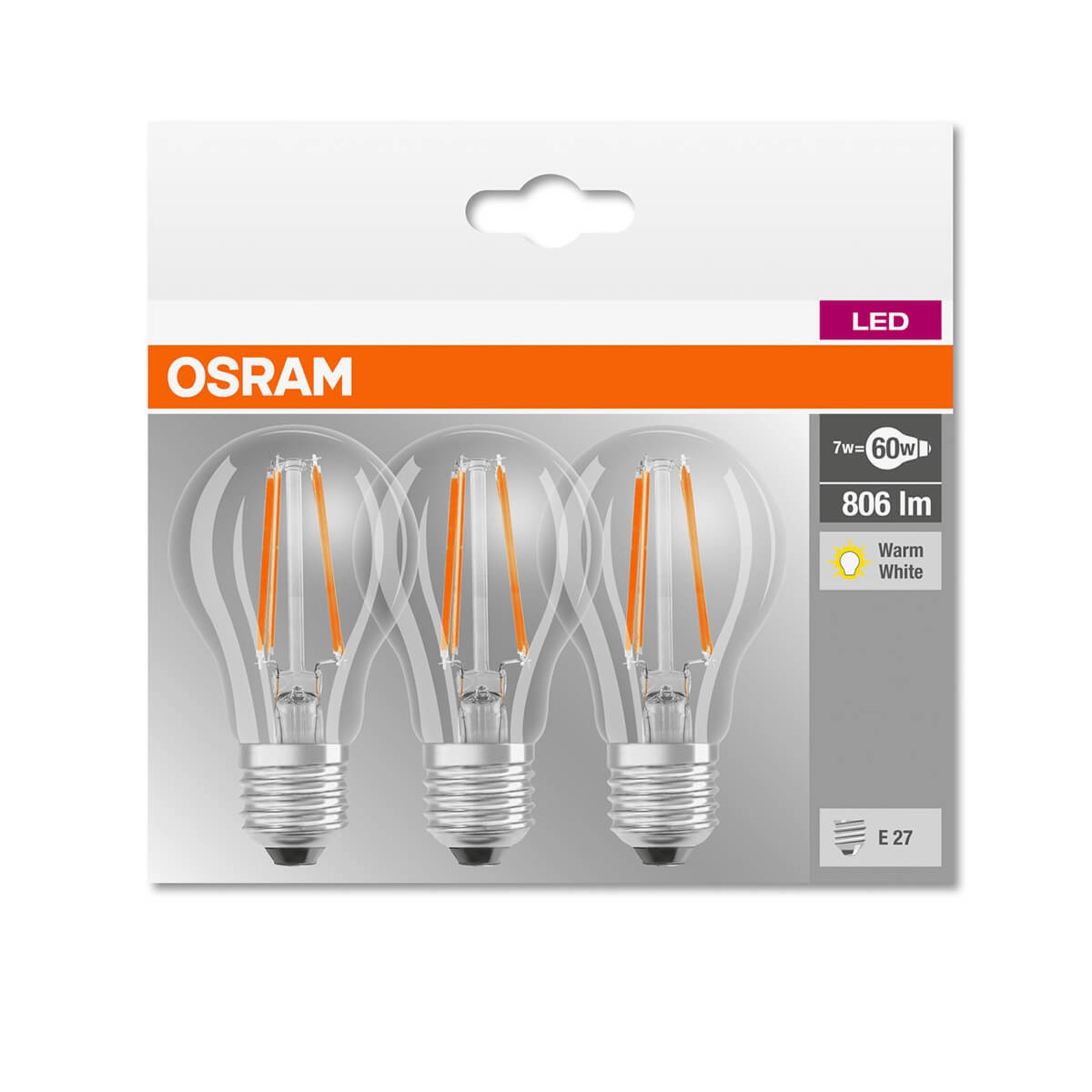 LED filament bulb E27 6 W, warm white, set of 3