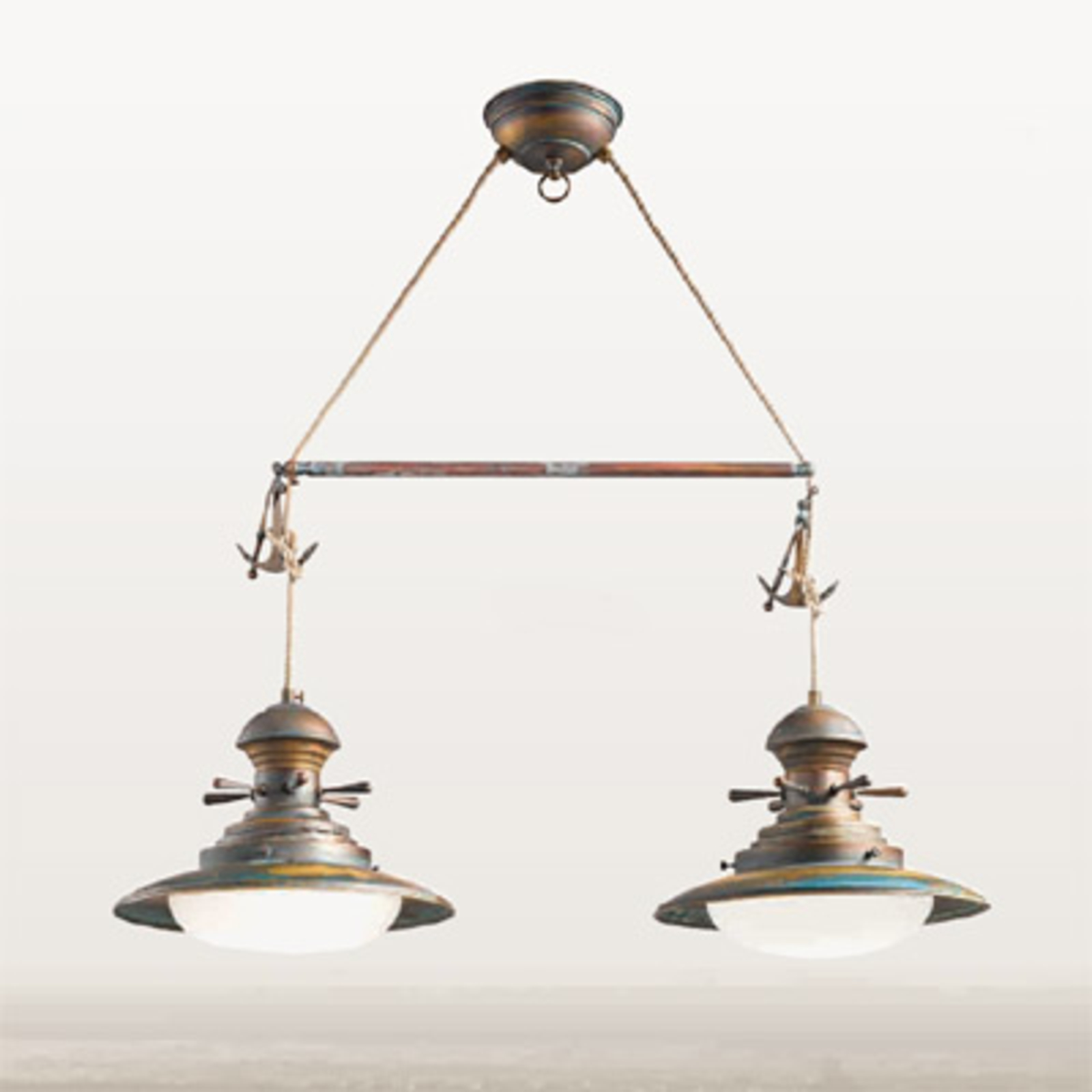 Cremasco Baia pendant light, two-bulb, green burnished, for Living / Dining Room, brass, glass, fabric, E27, 75 W, energy efficiency: A++, L: 93 cm, W: 36.5 cm