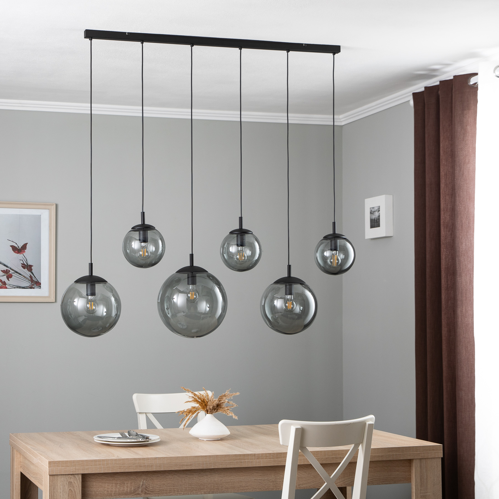 Hanglamp Esme, glas, grafiet-transparant, 6-lamps, lineair